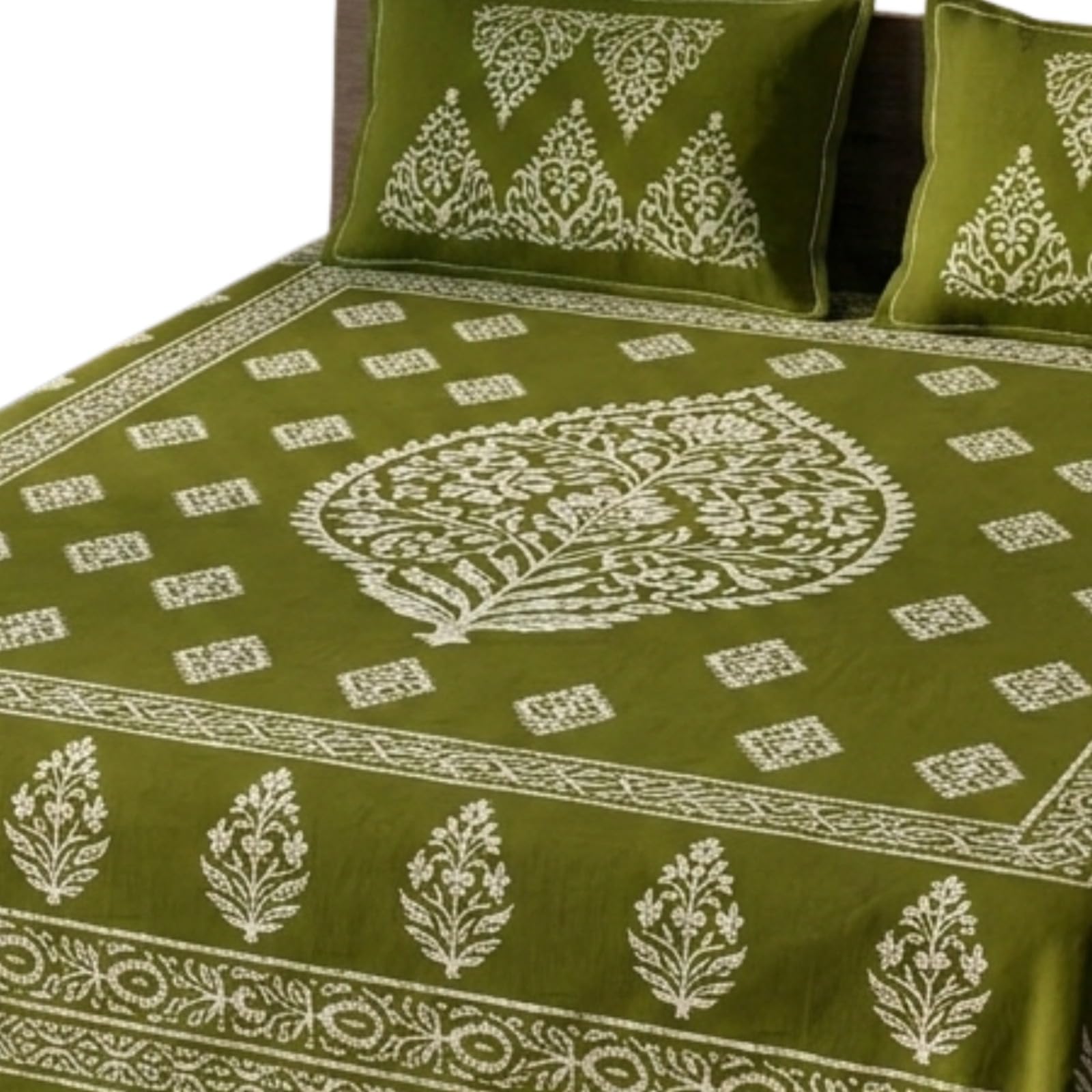 Cotton Breathable King Size Ethnic Cotton Bedsheet for Double Bed|Handmade Batik Printed Bedsheet with Pillow Covers|Traditional Bherugar Hand Block Artisan Bedding, Olive Green-image-48