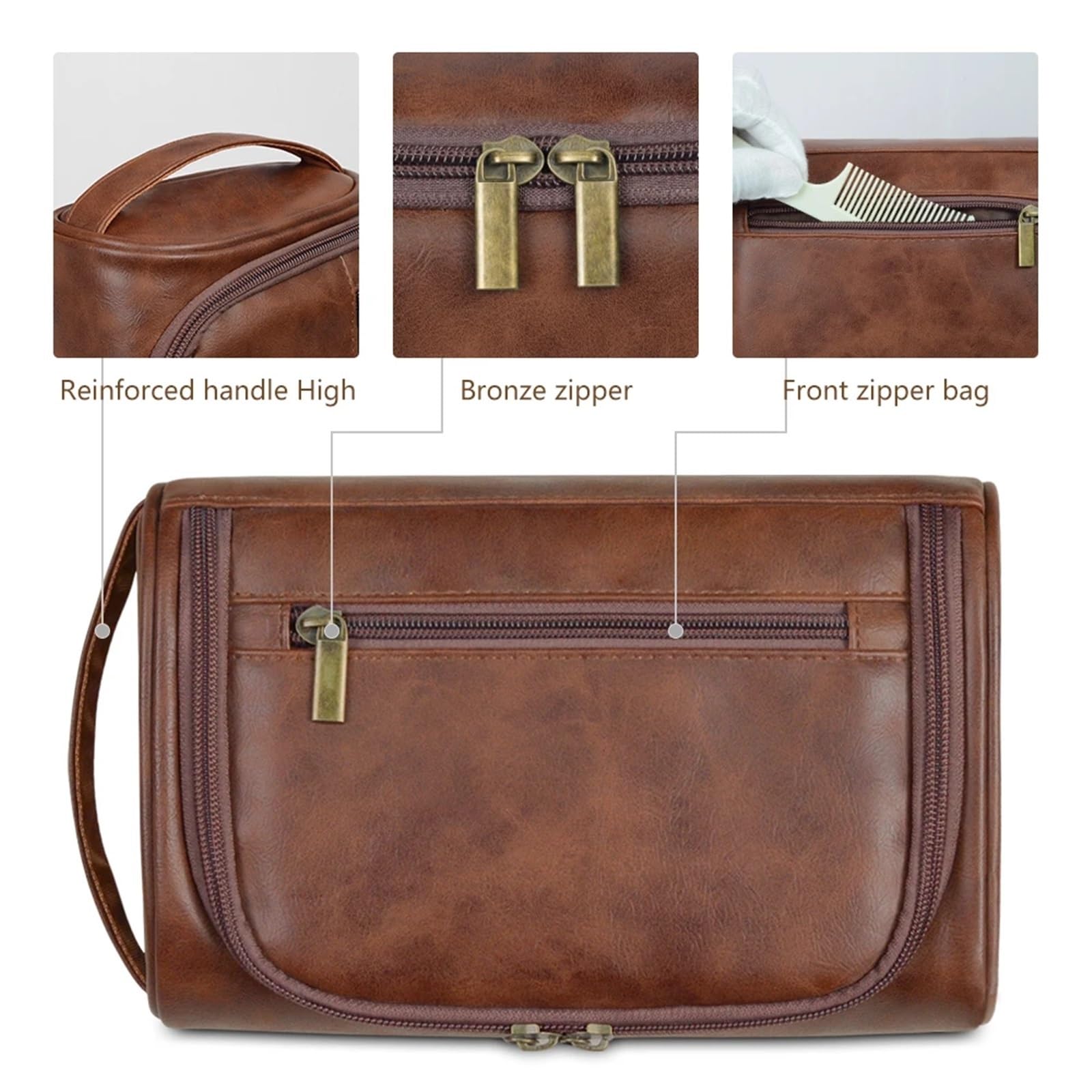 Retro PU Leather Travel Toiletry Bag - Waterproof Cosmetic Organizer for Women & Men(Red brown)