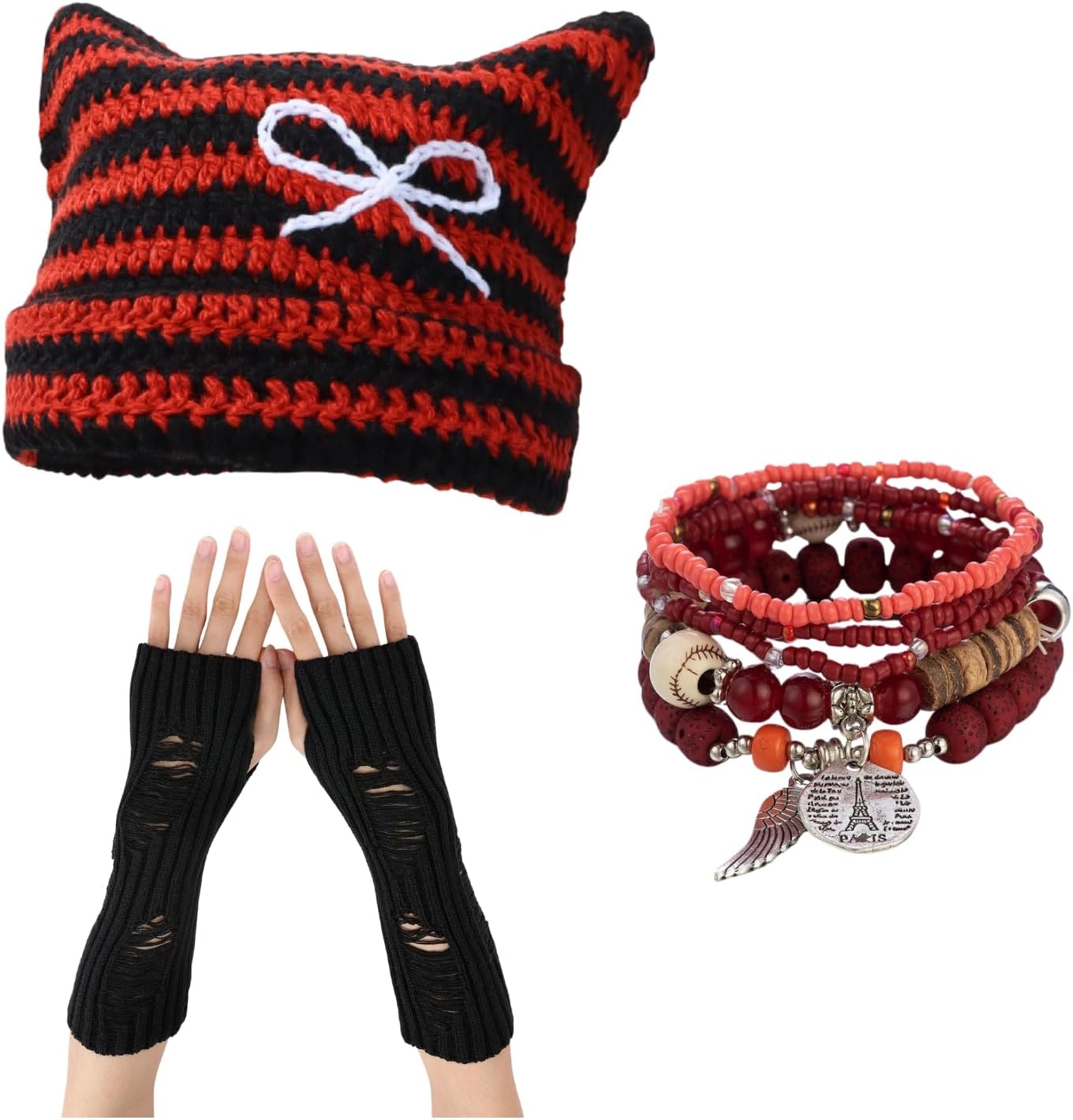 CORIRESHA Fairycore Grunge Clothing Y2k Accessories Cat Ear Beanie Fingerless Gloves Stacked Bracelets Emo Stuff