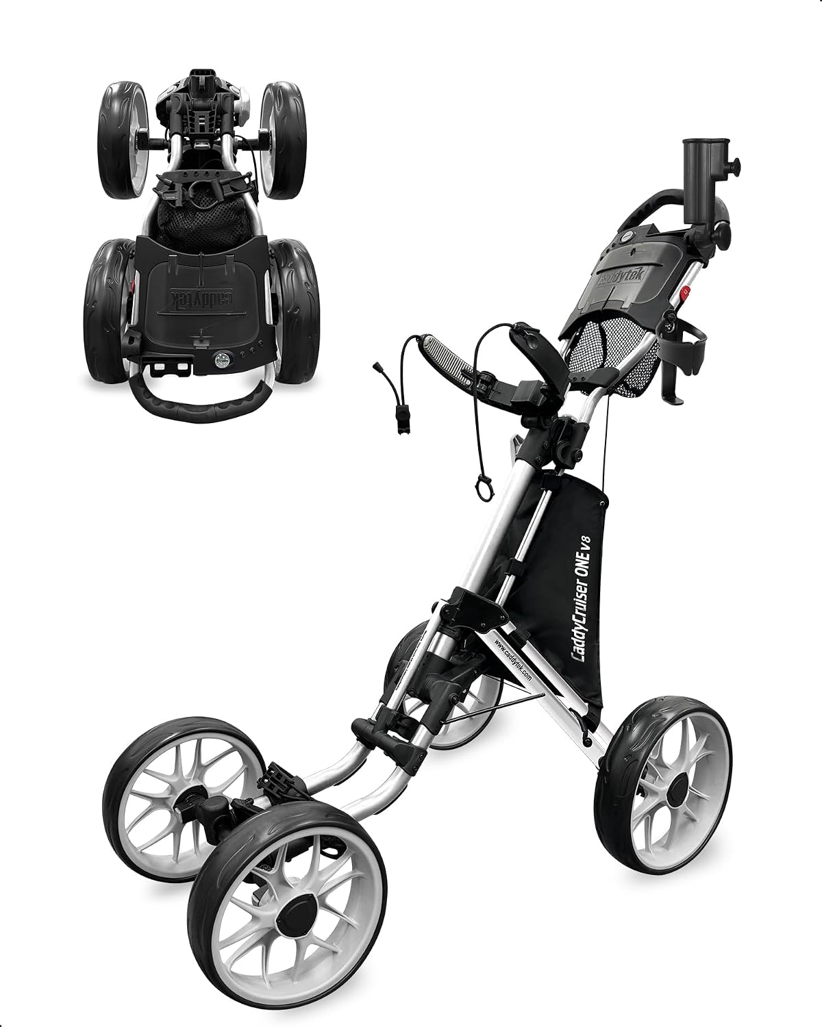 CaddyTek 4 Wheel Golf Push Cart - Caddycruiser One Version 8 1-Click Folding Trolley - Lightweight, Compact Pull Caddy Cart, Easy to Open