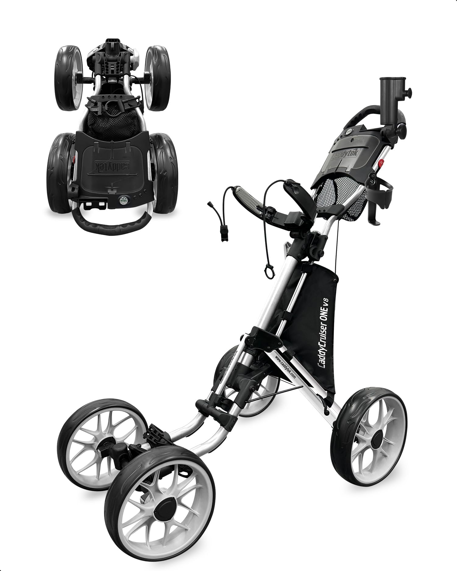 4 Wheel Golf Push Cart - Caddycruiser One Version 8 1-Click Folding Trolley - Lightweight, Compact Pull Caddy Cart, Easy to Open