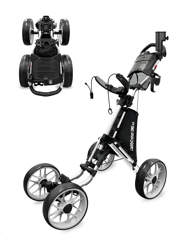 4 Wheel Golf Push Cart - Caddycruiser One Version 8 1-Click Folding Trolley - Lightweight, Compact Pull Caddy Cart, Easy to Open