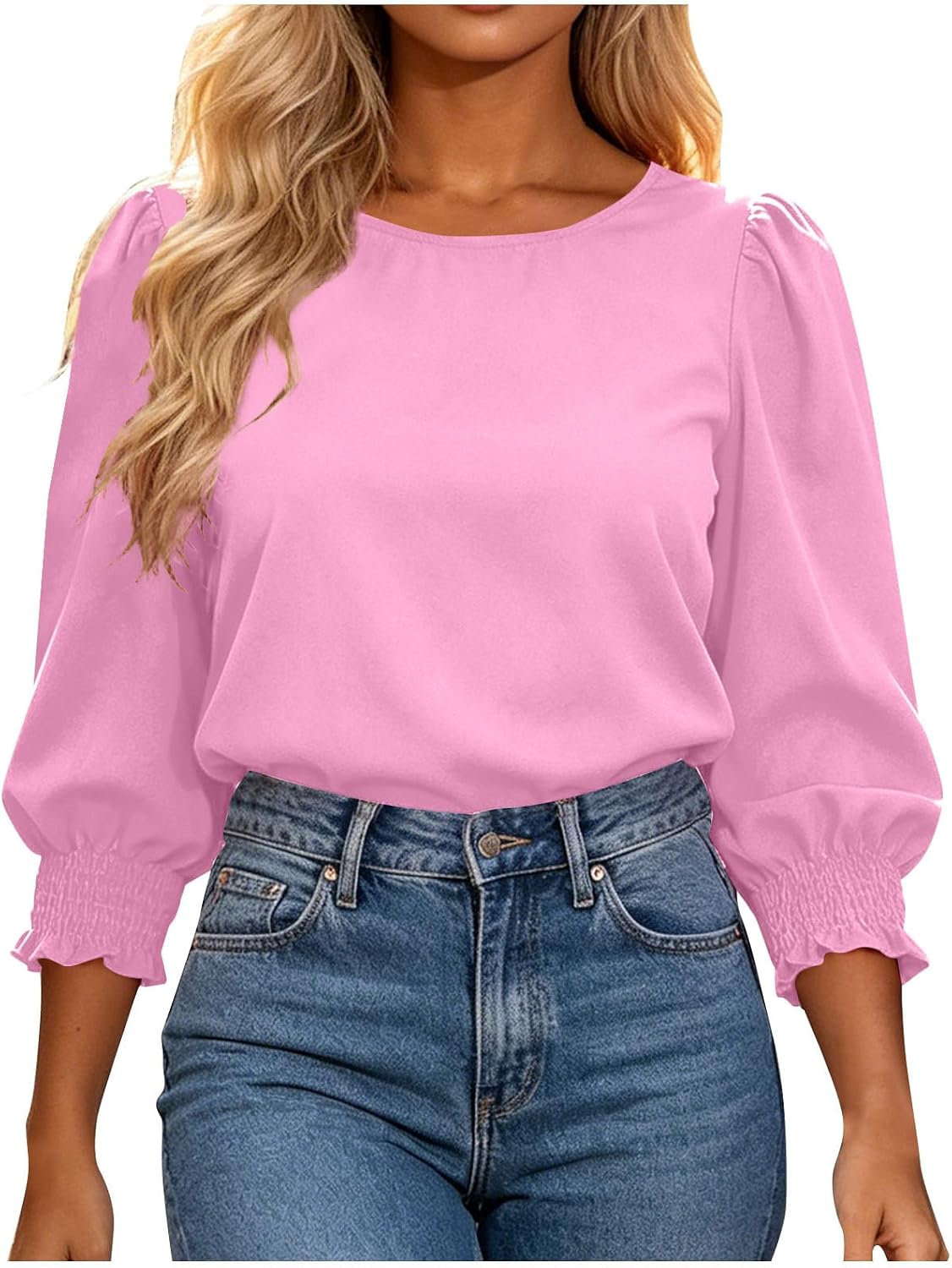 Womens 3/4 Length Sleeve Tops Dressy Casual Blouse Puff Sleeve Crew Neck Cute Trendy T Shirts with Smocked Cuffs