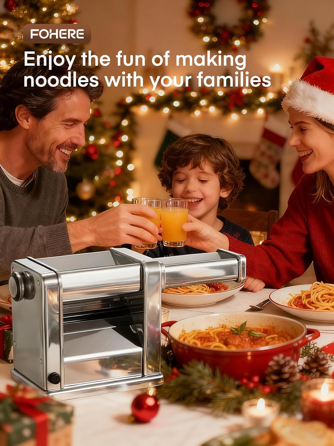 FOHERE Electric Pasta Maker Machine, Adjustable Thickness Noodle Maker for Spaghetti, Fettuccine, Lasagna & Dumpling Skins | 7-Level Customization, Food-Grade Stainless Steel, Easy Clean