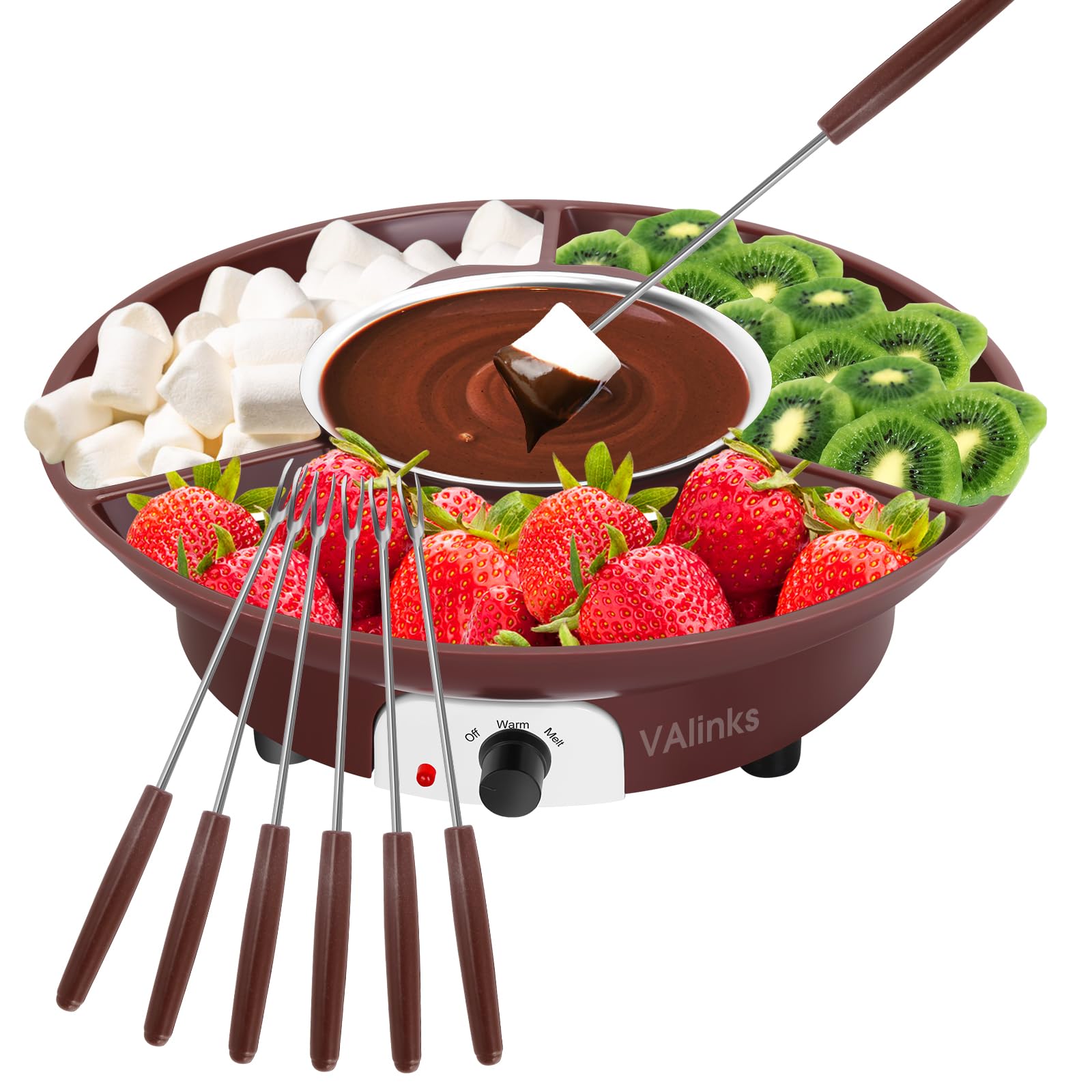 VAlinks Set di 3 vassoi da portata elettrici per fonduta di cioccolato, con 6 forchette da immersione, perfetto per cioccolato, formaggio, inaugurazione della casa, regali di Natale (marrone)