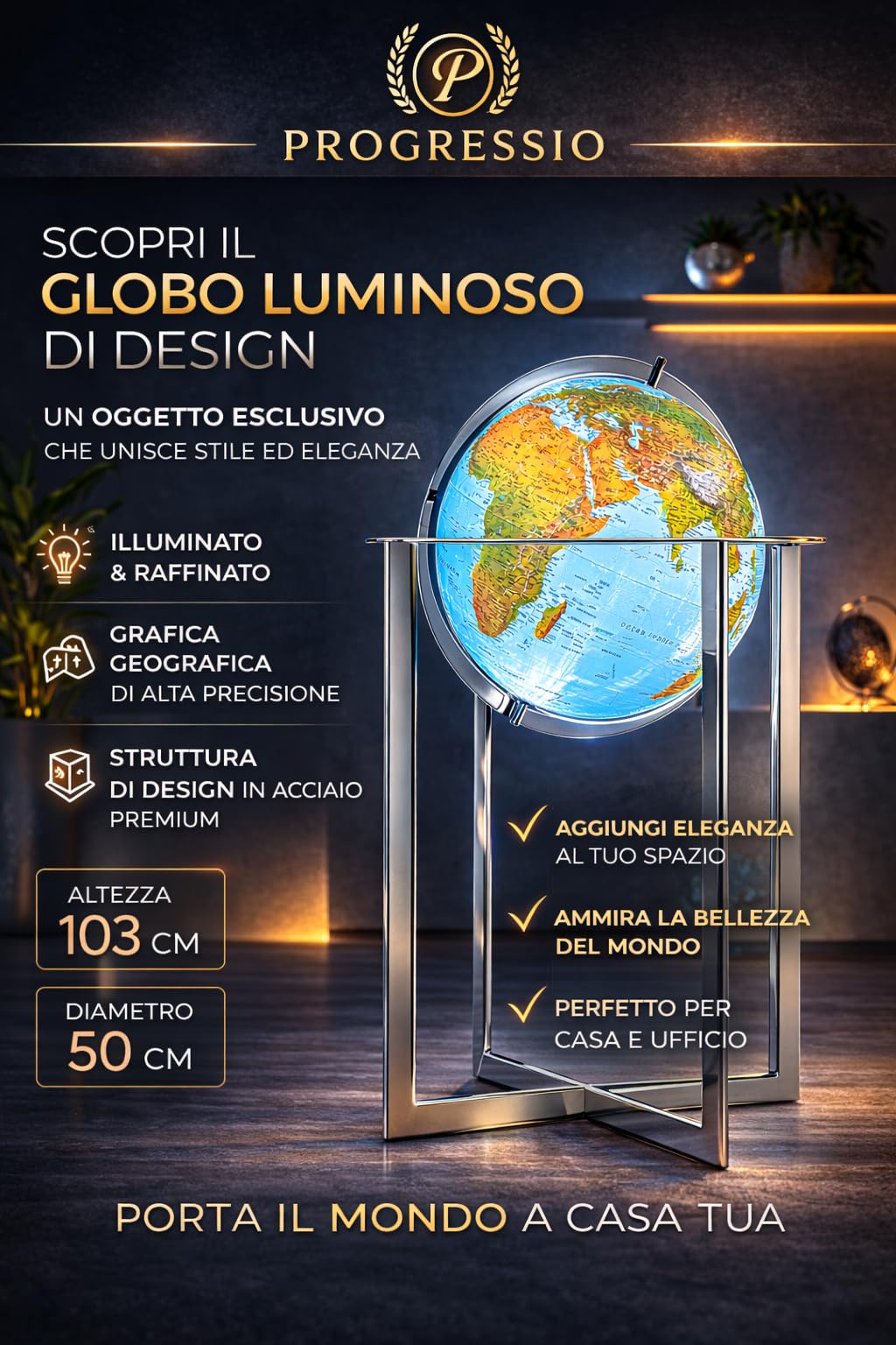Mappamondo Luminoso da Terra con Base in Acciaio Cromato, Cartografia Fisico-Politica, Diametro 50 cm, Altezza 103 cm, Steel Blue - Progressio