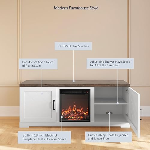 Miniatura 4 de BELLEZE Moderno soporte de TV de granja de 58 pulgadas con calentador eléctrico de chimenea de 18 pulgadas y centro de entretenimiento multimedia