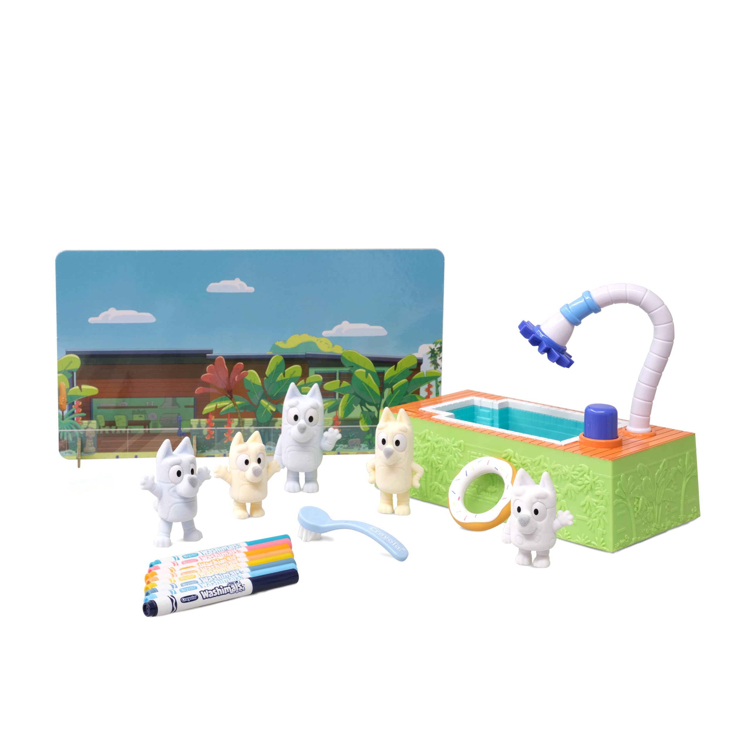 Crayola - Washimals Bluey, zestaw kreatywny zawierający basen i 5 szczeniąt, 8 flamastrów zmywalnych, działający basen, koło ratunkowe, szczoteczkę, zabawa i prezent dla dzieci, od lat 3, 74-0257