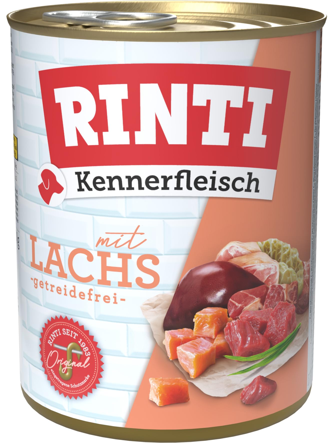 RINTI - Kennerfleisch | Nassfutter mit 70% Fleisch für ausgewachsene Hunde. Getreidefreies Alleinfutter in der Dose ohne Soja, Farb- und Konservierungsstoffe | 12x800g Lachs