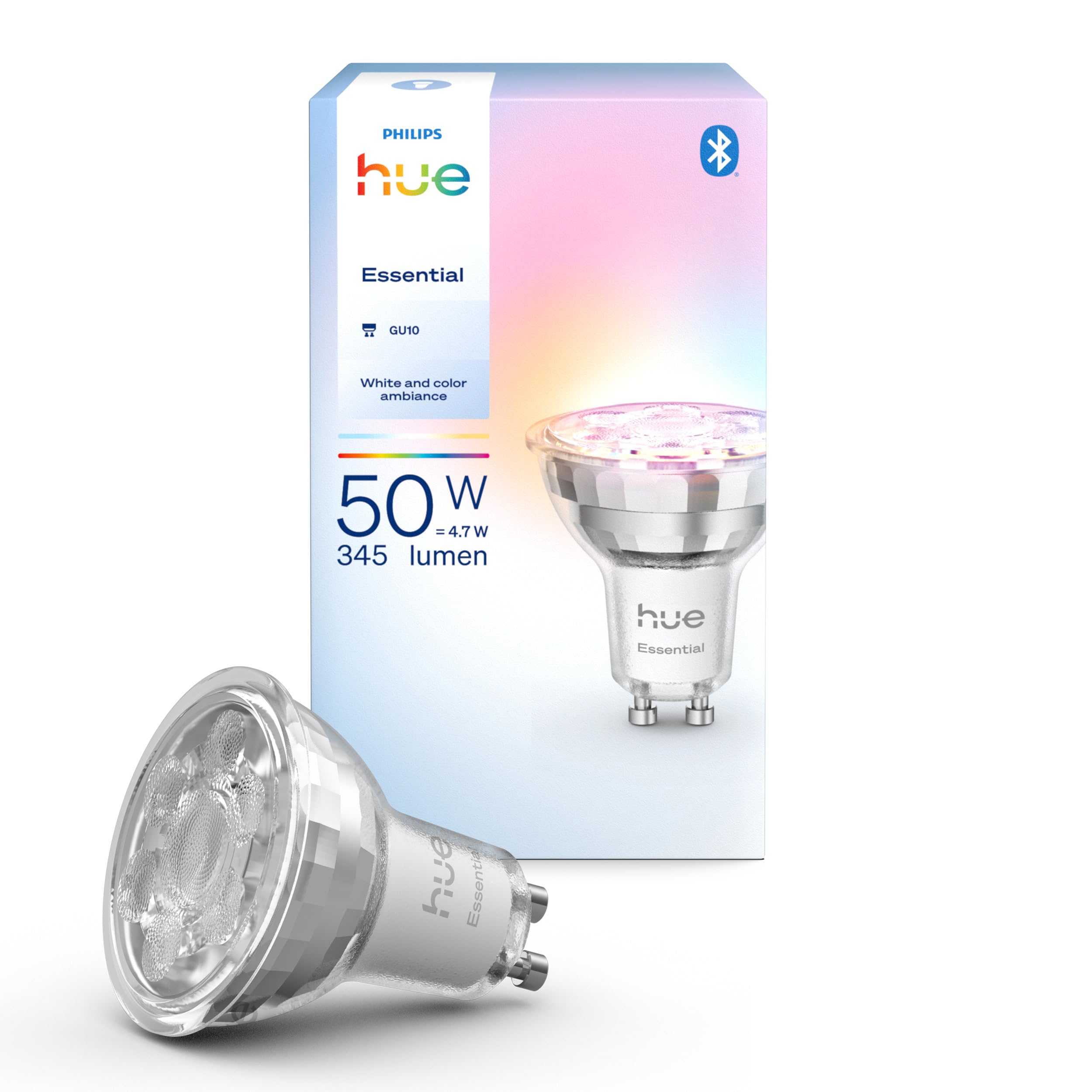 Philips Hue Philips Hue Essential Smart LED GU10 Spotlight, White and Color Ambiance, 4.7W, 2200K-6500K, 345 Lumens, Dimmable, Works with Alexa, Google Assistant, and Apple Home, 1 Pack