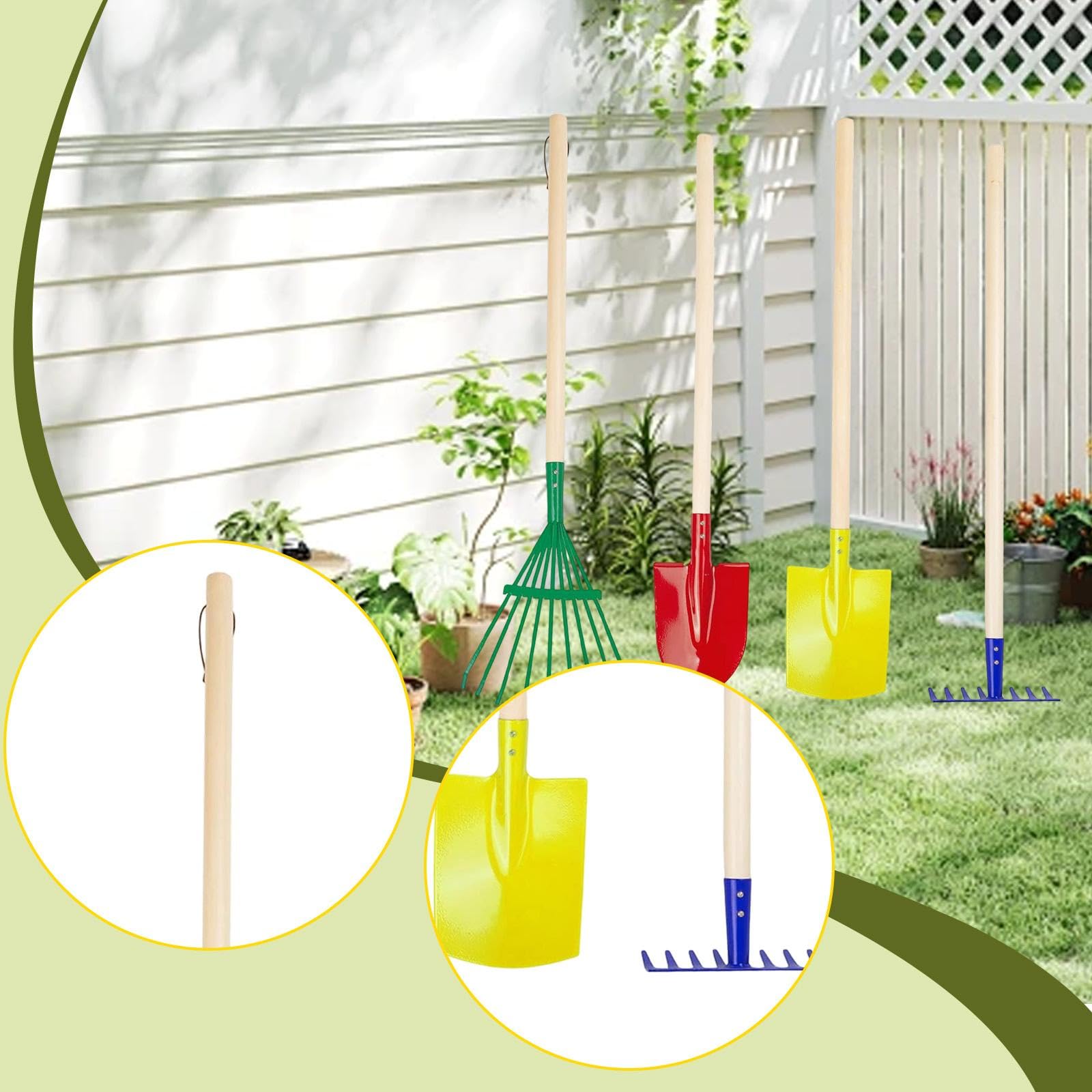 4 Piezas Rastrillo para Niños Kit de Herramientas de Jardinería Infantil Rastrillo Hoja Mango Largo Acero Carbono Ligero Adaptado para Juegos