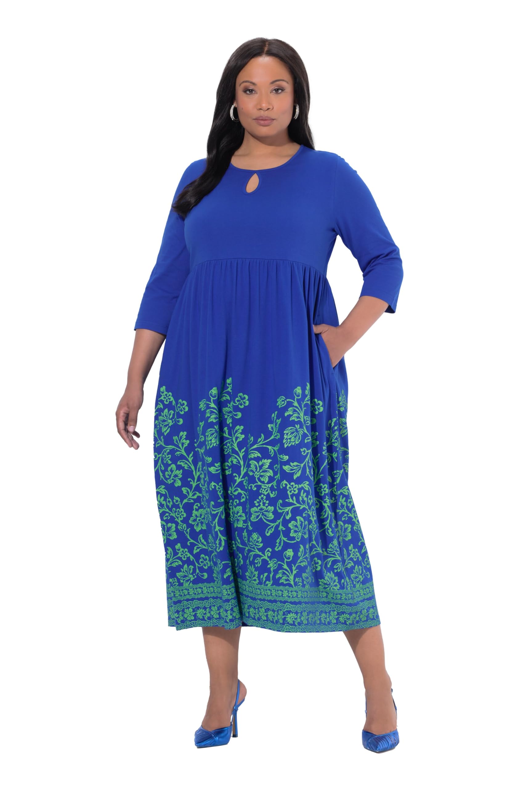 Ulla Popken Damen große Größen Übergrößen Plus Size Maxikleid, A-Linie, Rundhals, 3/4-Arm, Taschen 847070