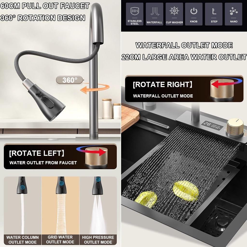Generic Steel Kitchen Sink Waterfall Sink with Digital Display Pull-Down Faucet Multifunctional Bar Prep Sink with Cplete Accessory Set (Color : Black, Size : 80x45x22cm)