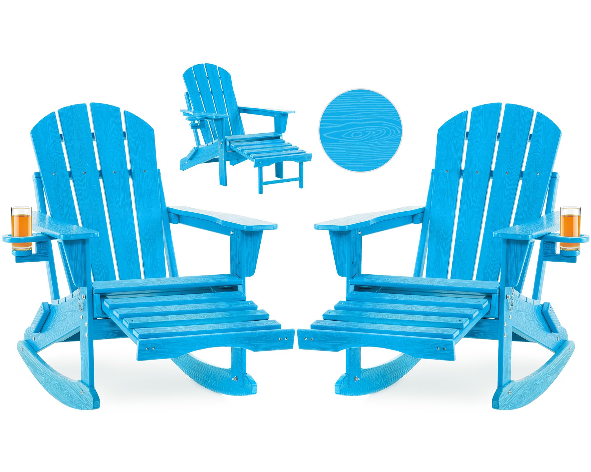 Serique Folding Adirondack Rocking Chair Set of 2,4-in-1 Multifunctional Patio Chairs with Retractable Ottoman, Outdoor Chairs Wood Texture, Lawn