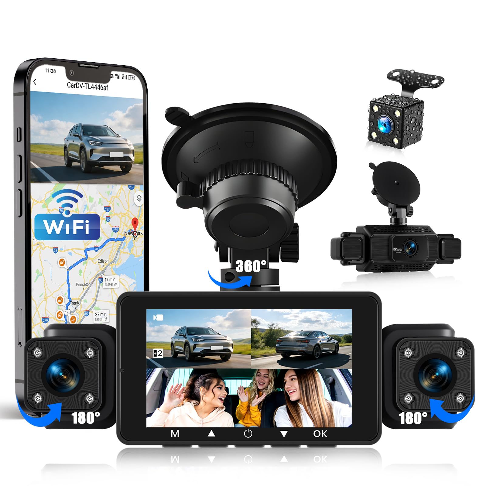 OiLiehu 4 Canales Cámara para Salpicadero 3 Pulgadas para Coches, Resolución 1080P + 480P, Cuatro Lentes con G-Sensor, Visión Nocturna, Grabación en Bucle, Asistencia Aparcamiento, Wi-Fi Aplicación