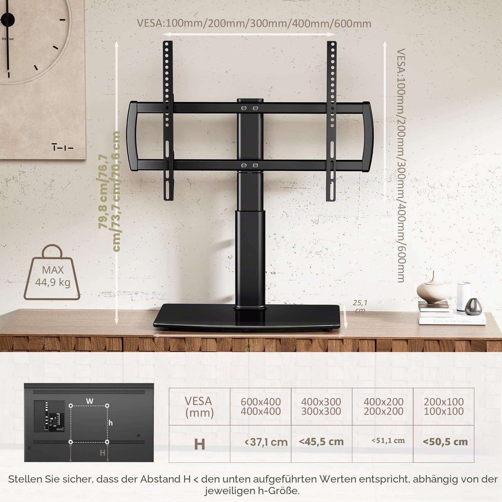 Universal schwenkbarer TV-Ständer/Tischfuß TV-Ständer 32 bis 70 Zoll TVs 80 Grad schwenkbar, 4 Stufen höhenverstellbar, Schwerer gehärteter Glassockel, hält bis zu 40KG s Bildschirme, HT04B-002P