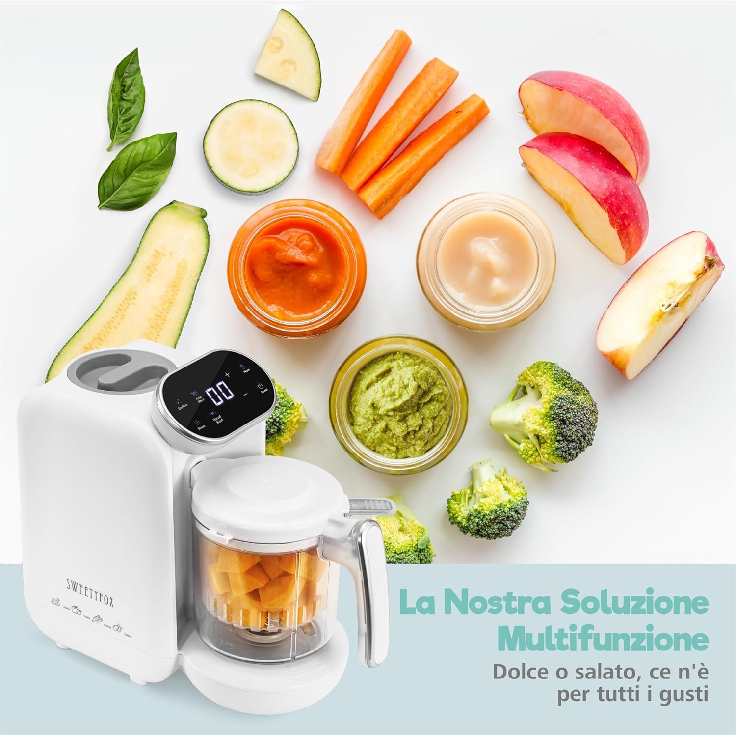 Sweety Fox Babycook - Robot Cocina Bebe - 7 Funciones - Vapor, Mezclador, Pulso, Autolimpieza, Esteriliza, Calienta, Descongela - Procesador de Alimentos Bebe