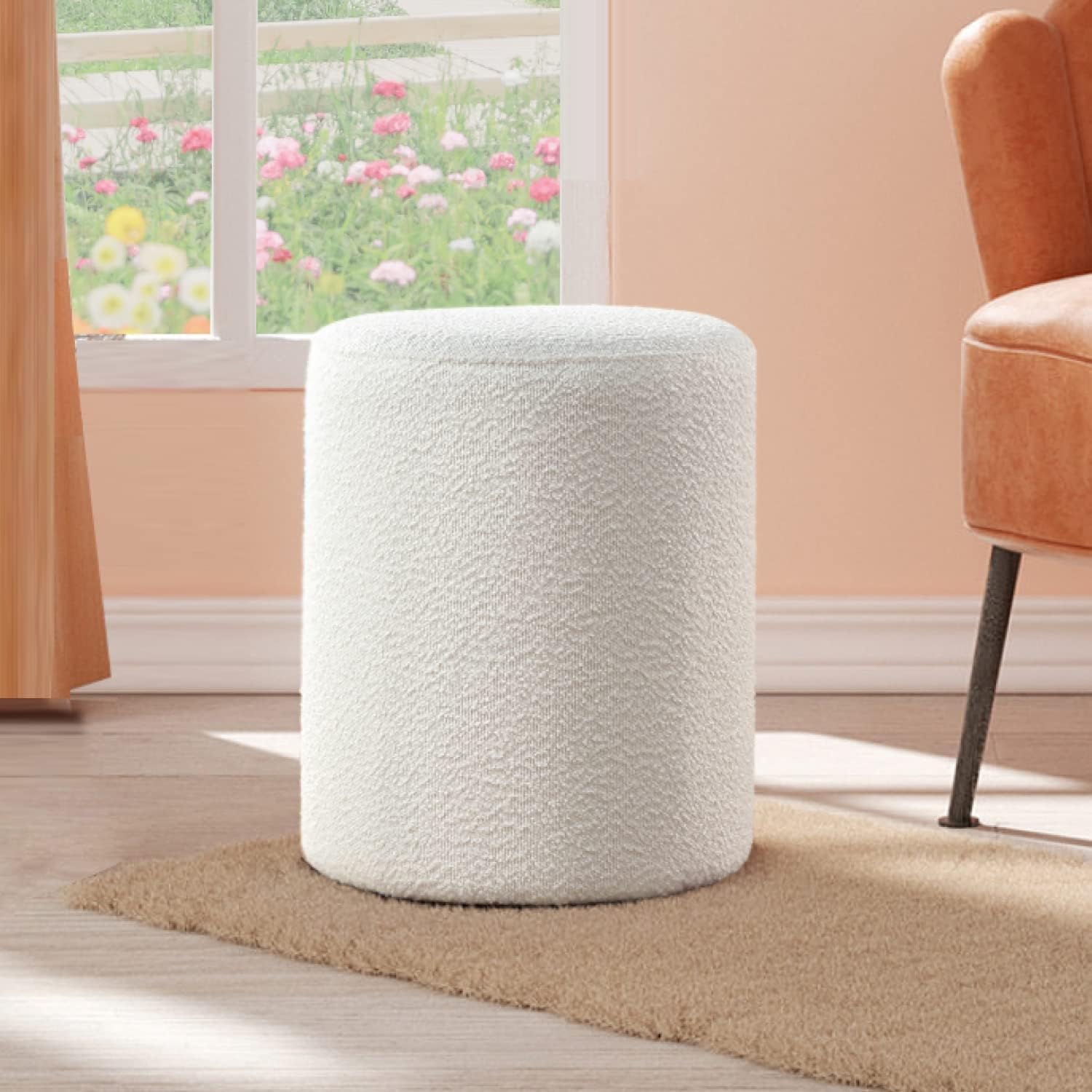 Get Set Style Modern Round Ottoman with Soft Padded Seat, Multifunctional Vanity Stool for Makeup, Upholstered Footrest Stool Ottoman Foot Stool for Living Room, Bedroom White