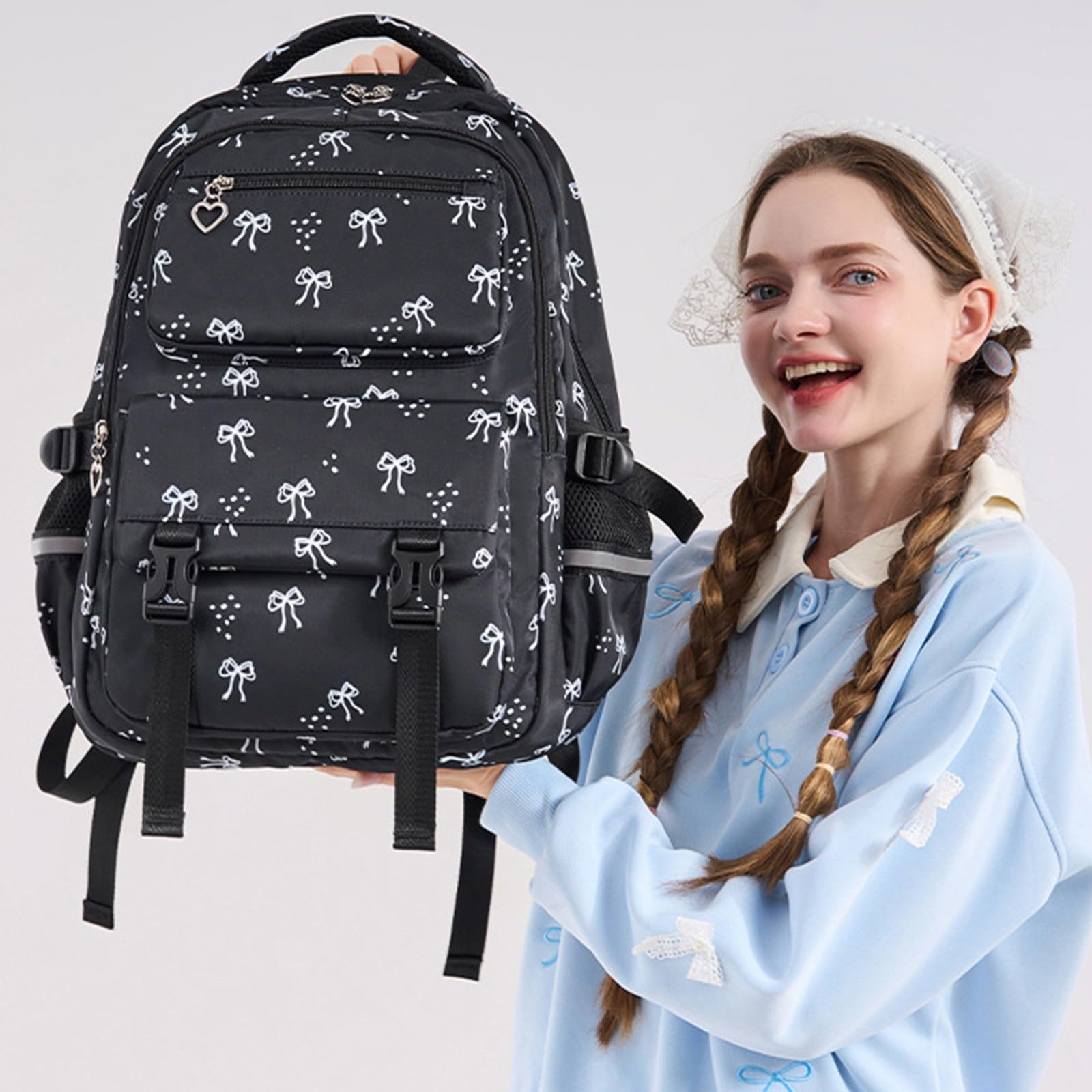 Schulrucksack Mädchen Schleifen Design Set 3 Teilig Groß | Trendiger Kinderrucksack mit Federmäppchen, geräumiger Backpack für Schule und Reisen