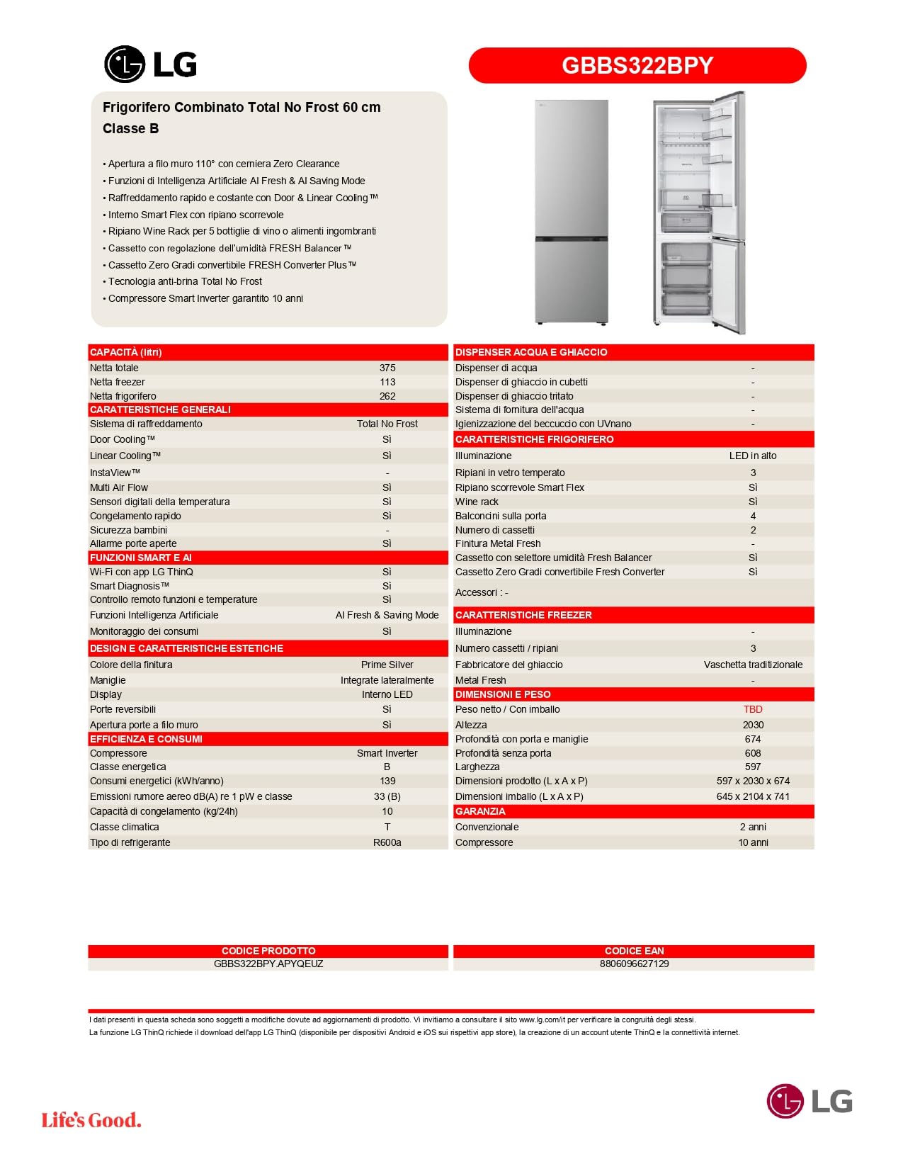 LG GBBS322BPY Frigorifero Combinato Total No Frost 60 cm Classe B