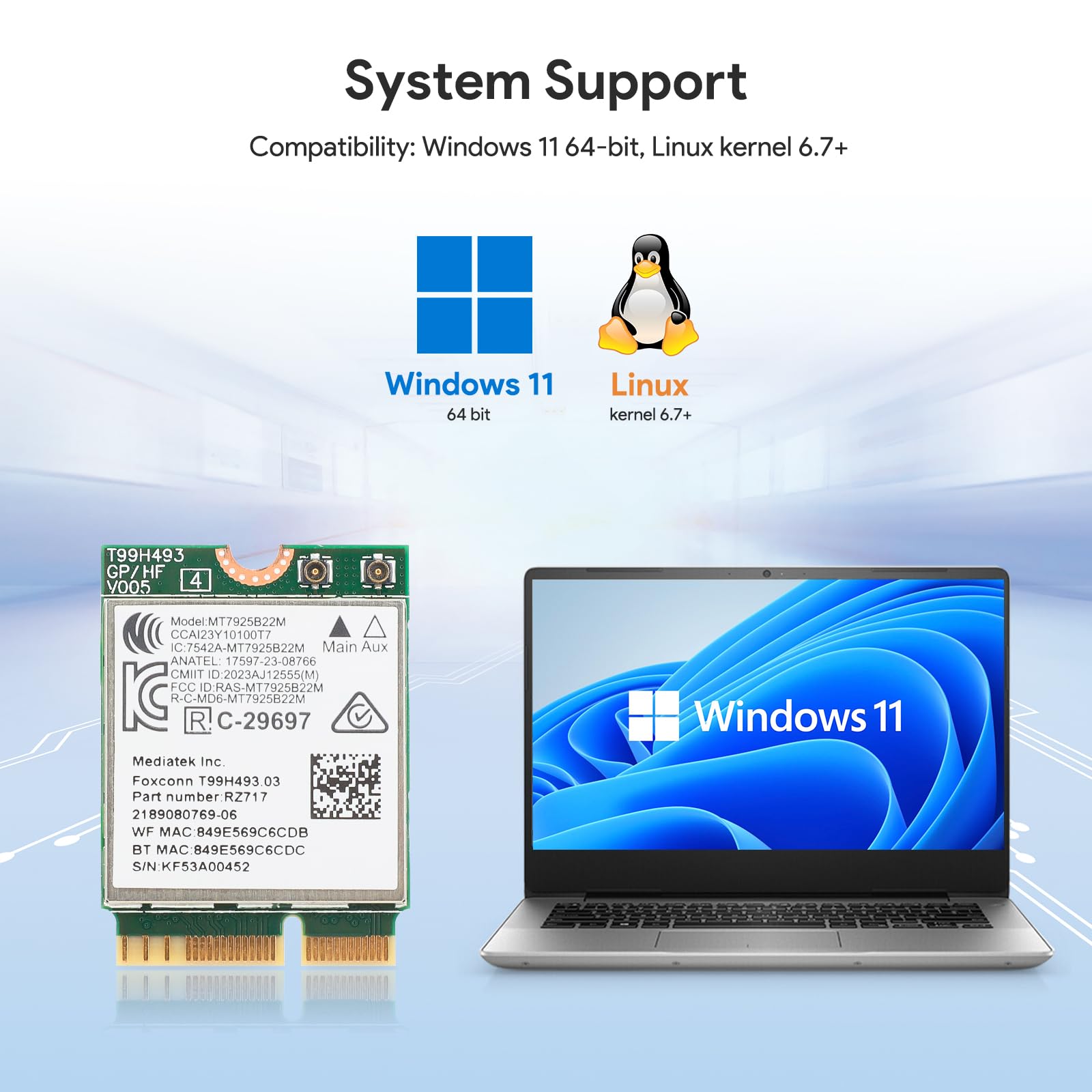 EDUP® Carte WiFi 7 BE6500 M.2 2230, Tri-Bande 6,5Gbit/s, BT 5.4 | Vitesse 6,5 Gbit/s tri-bande WiFi 7, Bluetooth 5.4, format M.2 2230 pour Intel/AMD, compatible Windows 11, Linux