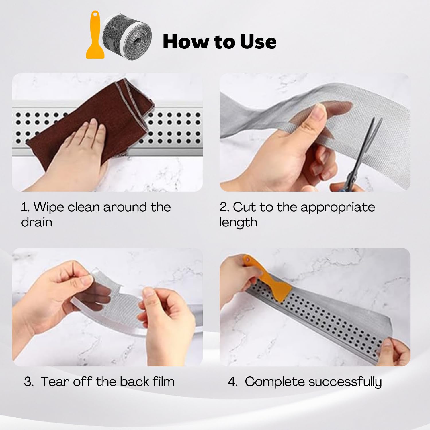 Filtro Doccia Anticapelli Adesivo - Rete 70mm X 10m Per Scarico, Con Pala Di Pulizia - Foto 5