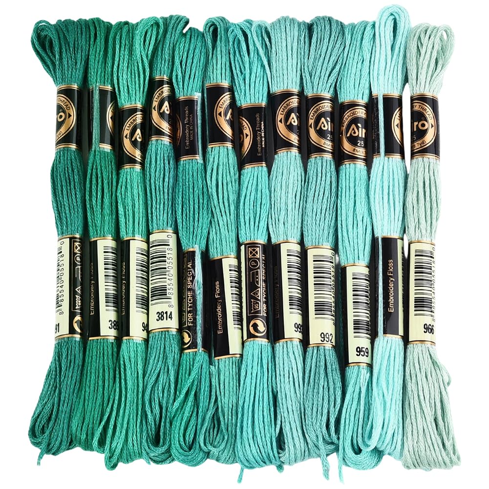 12 Skeins 6 Strands Green Cross Stitch Thread Variegated Gradient Embroidery Floss Polyester Friendship Bracelet String Yarn Threads Bulk for Hand Sewing Bracelets Needlecraft DIY Stitching