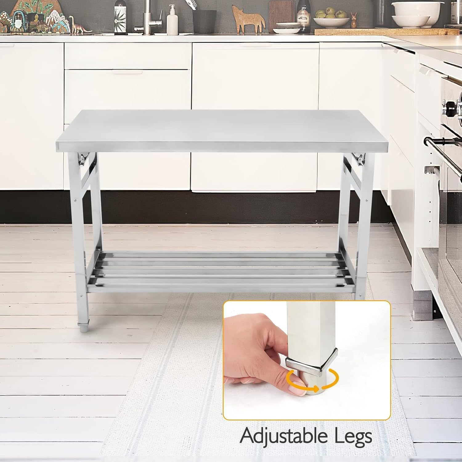 Garvee Mesa De Comedor Plegable De Acero Inoxidable: Mesa De Preparación Comercial De Dos Niveles, Resistente, con Estante Inferior Ajustable, Ruedas Bloqueables, Capacidad De 400 kg