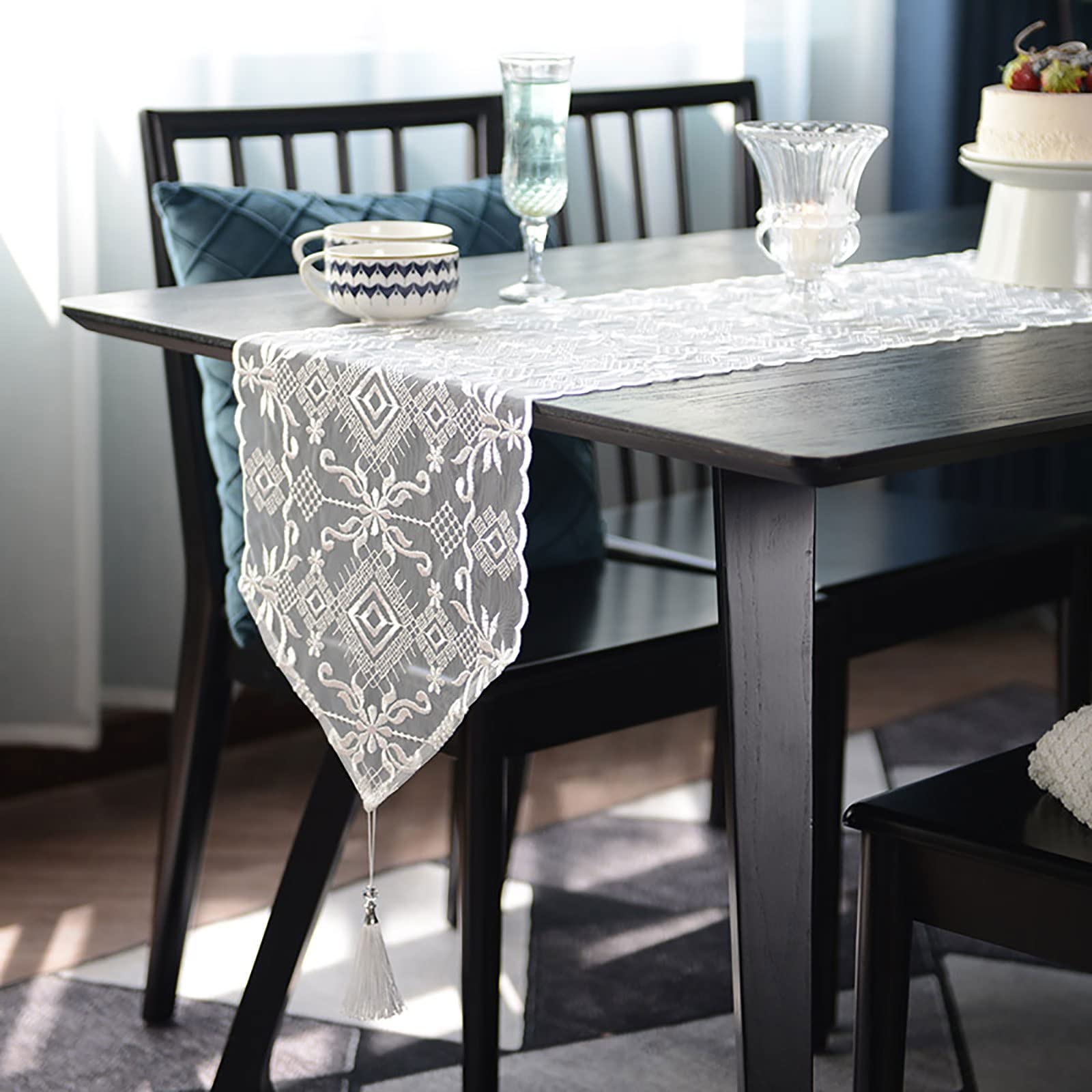 Elegante e lussuoso Runner da tavolo da ricamo da 2 pezzi for cucina, Cucina di casa, festa di Partito, Decorazioni per la casa rettangolare, runner da tavola in pizzo Regali di festa(33*90CM)