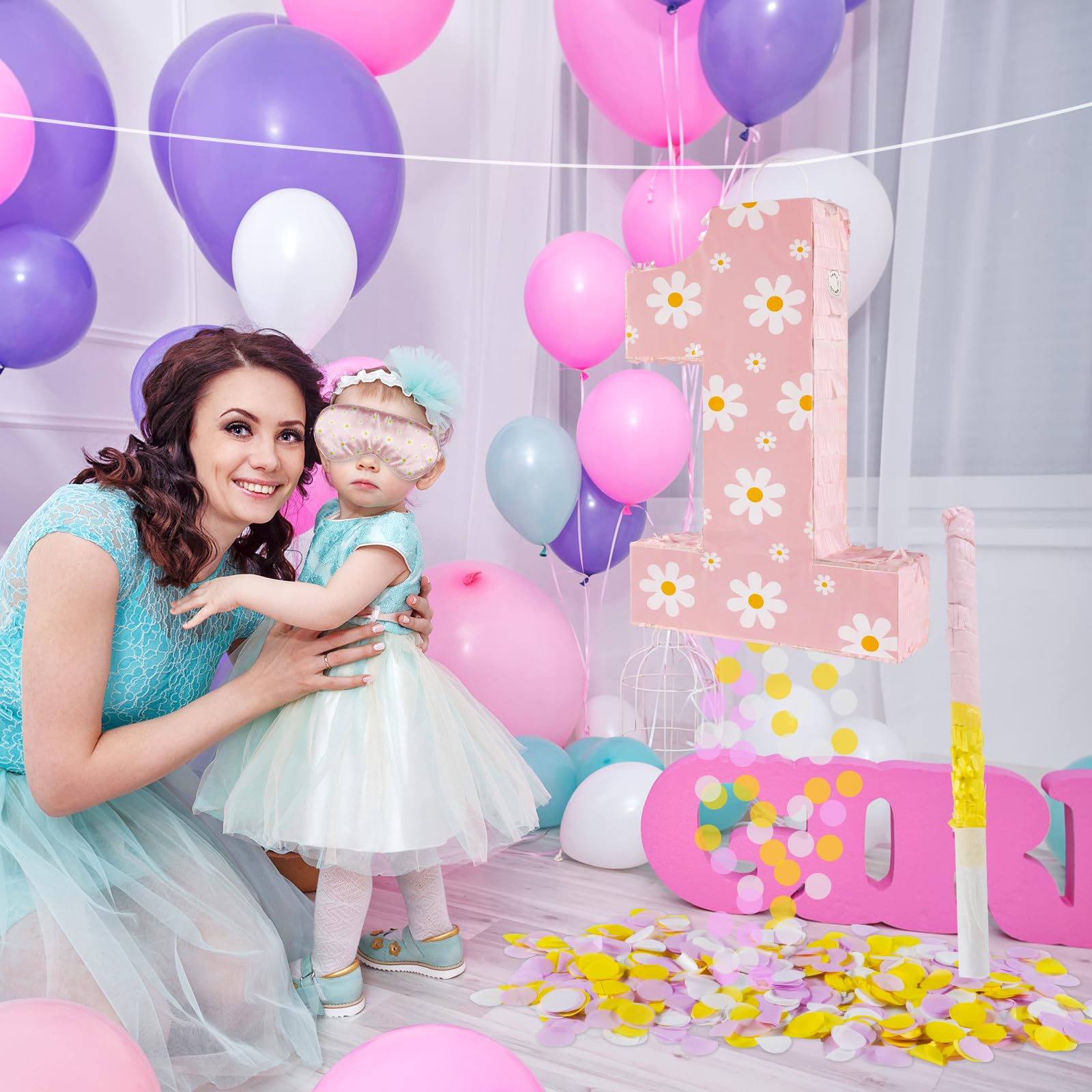 Décorations d'anniversaire en forme de marguerite – Piñata chiffre 1 avec bâton pour les yeux – Confetti pour les yeux – Fournitures de fête d'anniversaire bohème (marguerite 1)