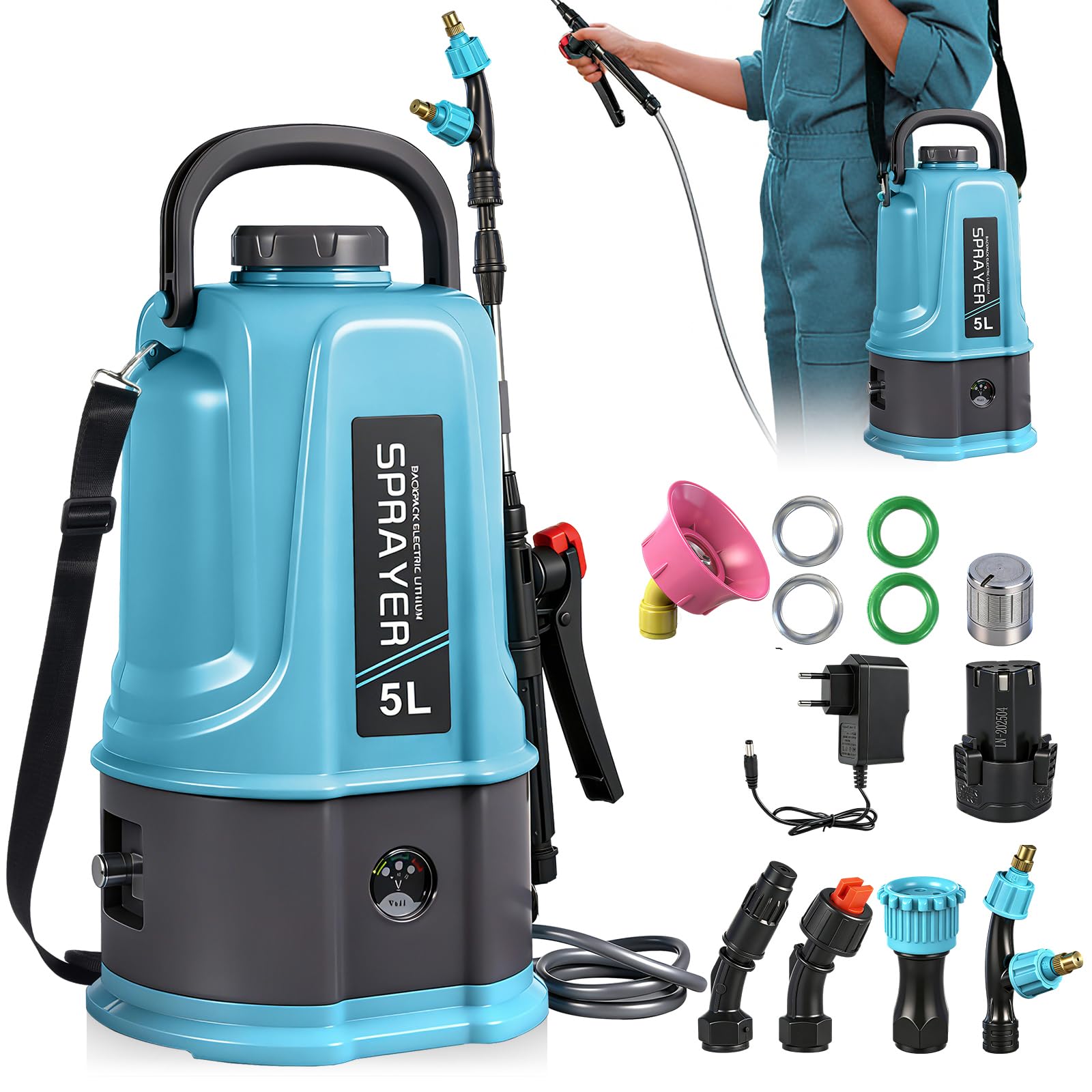 5L pulvérisateur à Dos électrique – 45 PSI réglable, Affichage numérique, Perche télescopique, 5 Buses, Batterie Longue durée, Bretelles rembourrées – Jardin, pelouse, désherbage, Nettoyage.