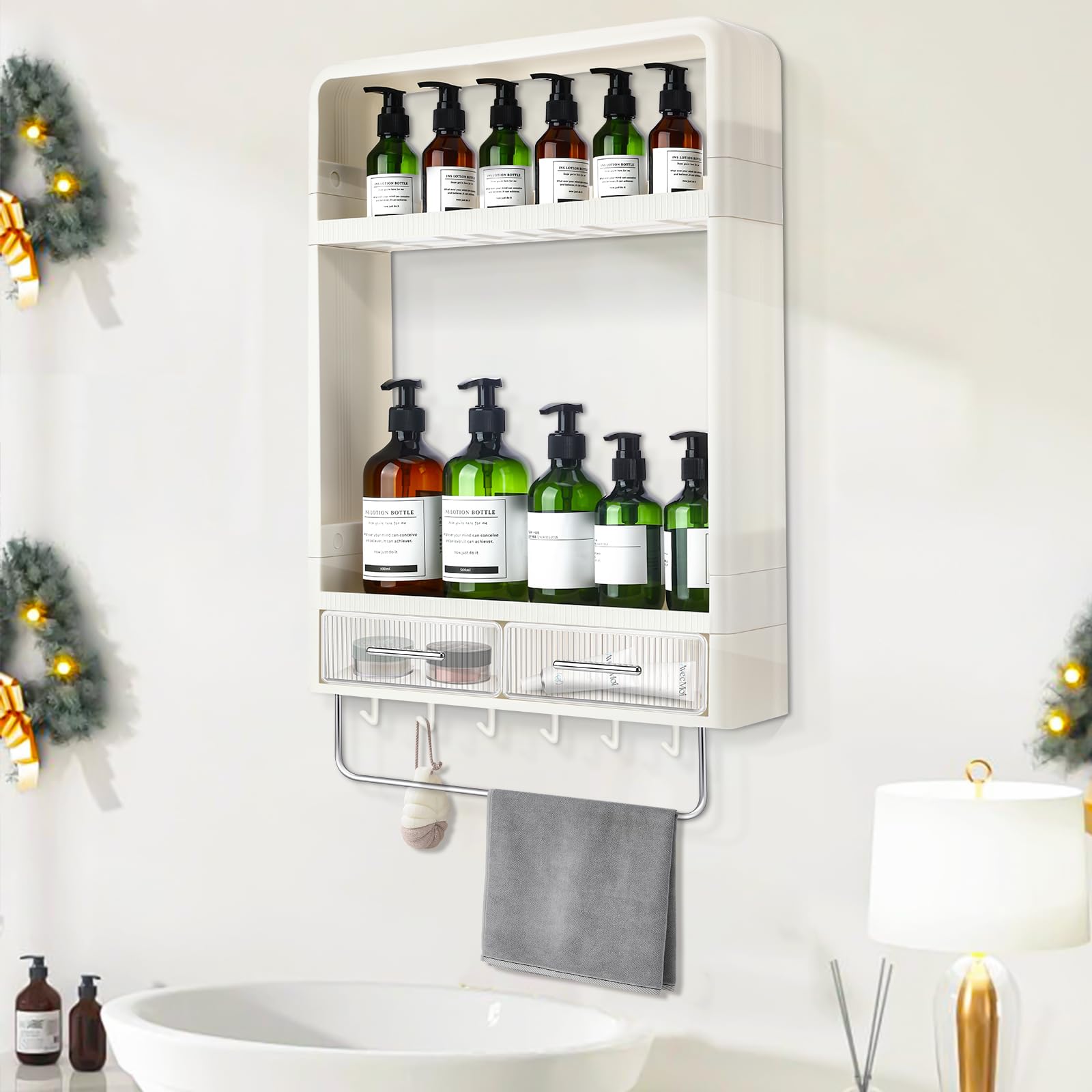 Photo 1 of Bathroom Floating Shelf 2 Layer Plastic Wall Mounted Shower Caddy Organizer Hanging Self Adhesive White Bathroom Storgae with 2 Drawer 6 Hook Towel Bar for Bathroom Kitchen Toilet Storage