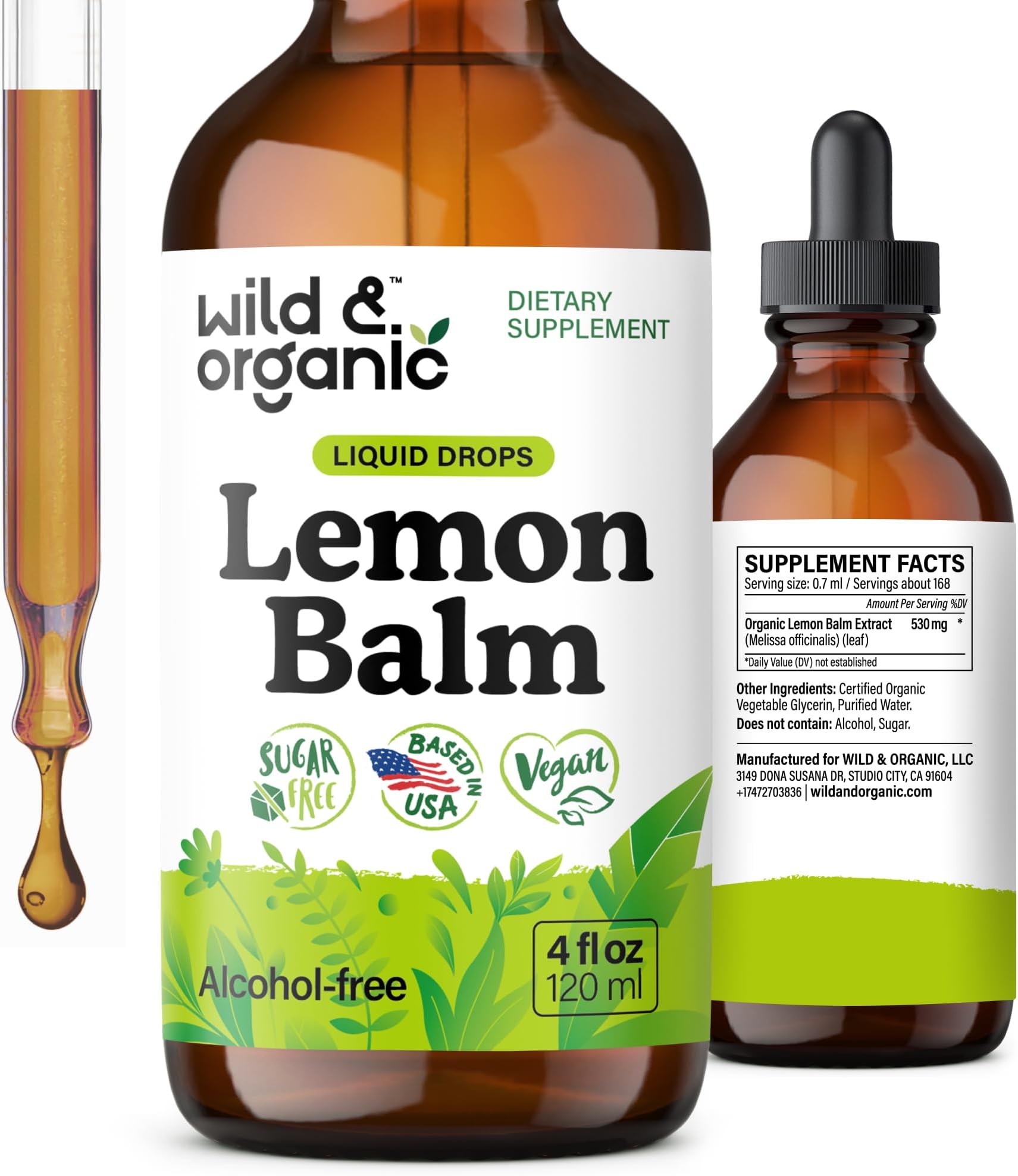 Wild & Organic Lemon Balm Tincture - Good Mood Support - Melissa Lemon Balm Extract Drops - Add to Tea for Relaxation - Vegan, Sugar & Alcohol-Free Leaf Supplement - 4 fl oz