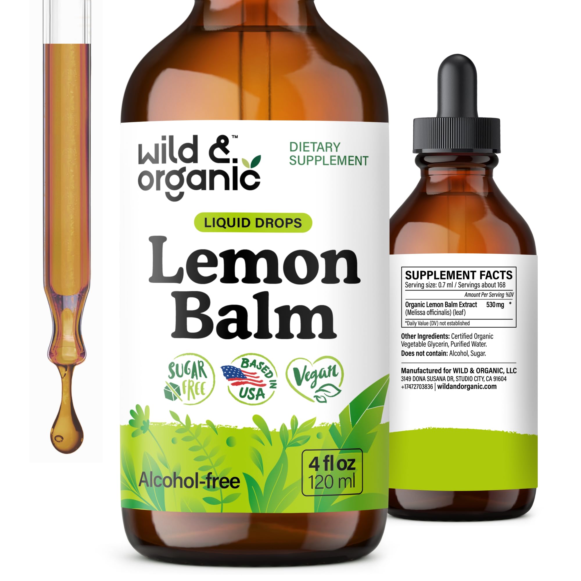 Wild & Organic Lemon Balm Tincture - Mood Support Supplement - Melissa Lemon Balm Leaf Extract Drops - Vegan, Sugar & Alcohol-Free Calming Supplement - 4 fl oz