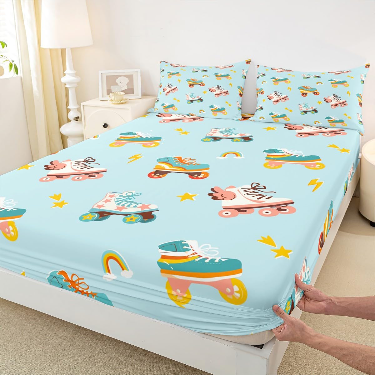 Drap-housse bleu étoiles dessin animé pour lit enfant motif sport d'hiver et arc-en-ciel