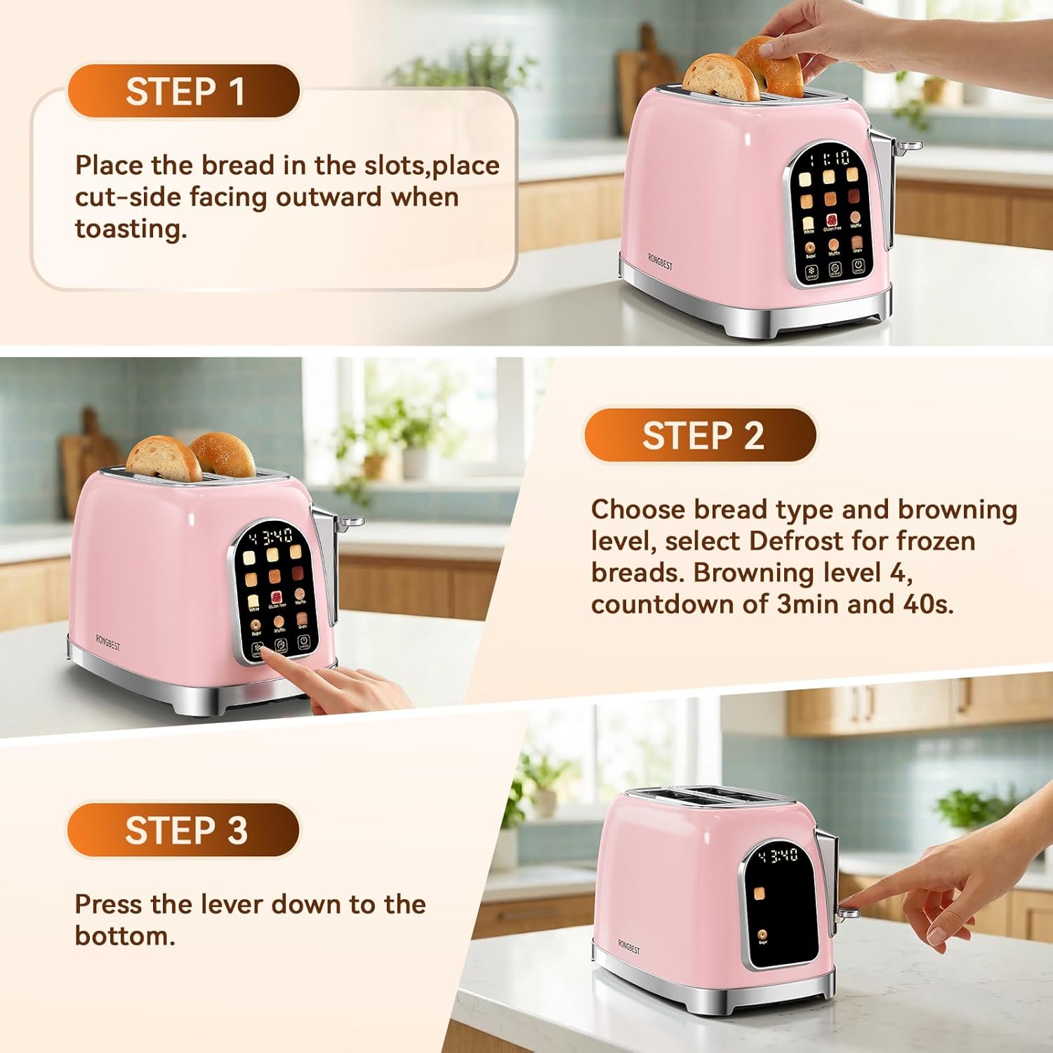 RONGBEST Retro 2 Slice Stainless Steel Toaster with Wide Slot Touchscreen, Reheat & Defrost, 6 Browning Levels for Bagel & Bread, Easy Removable Crumb Tray, Blush Pink