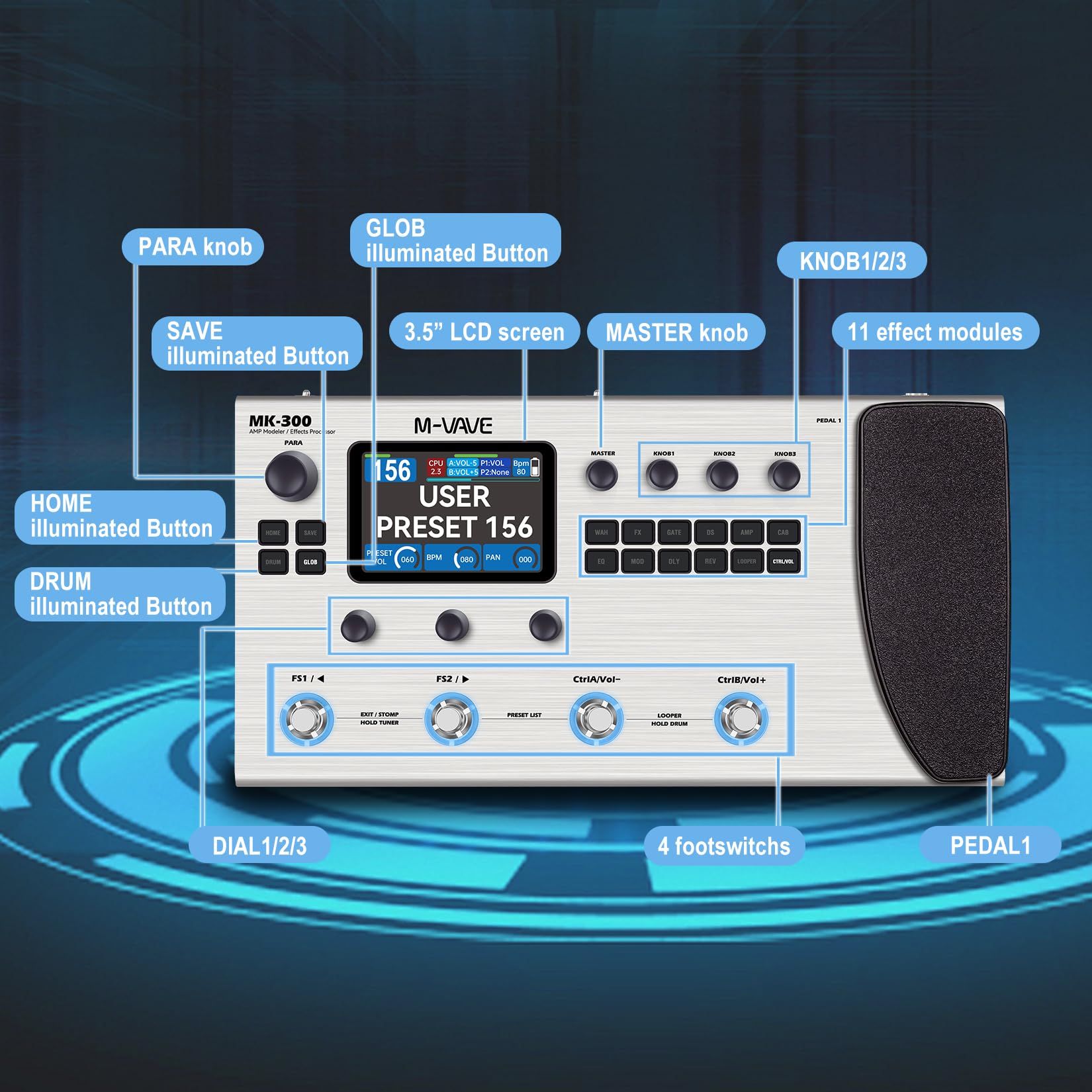 M-Vave MK-300 - Processeur multi-effets pour guitare et basse, 11 modules, plus de 320 effets, 120 amplis, chargeur IR, looper, boîte à rythmes, carte son BT et USB