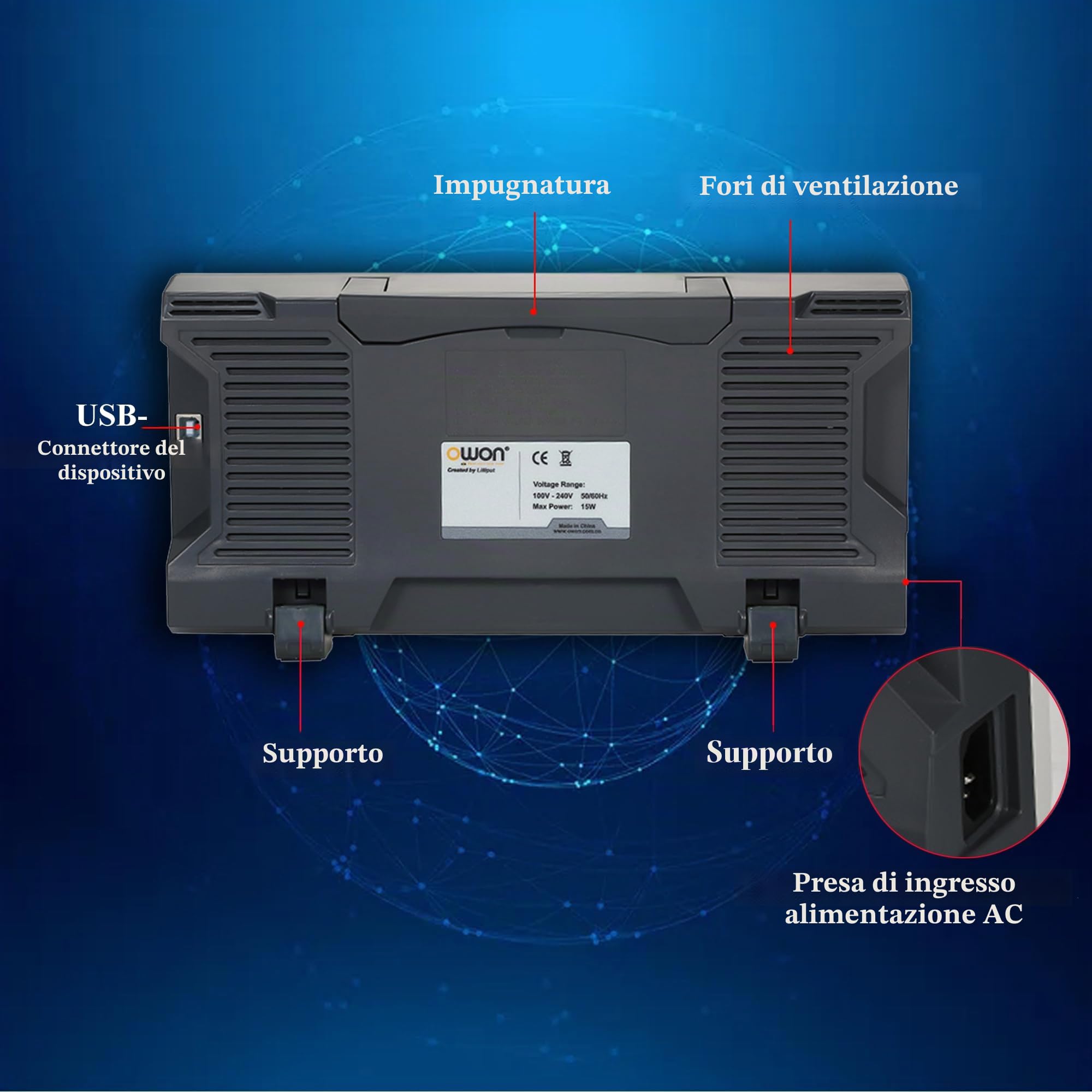 SDS1102 OWON - Oscilloscopio portatile da scrivania, 100 MHz, a due canali | Schermo a colori da 7" con frequenza di campionamento 1GSa/s