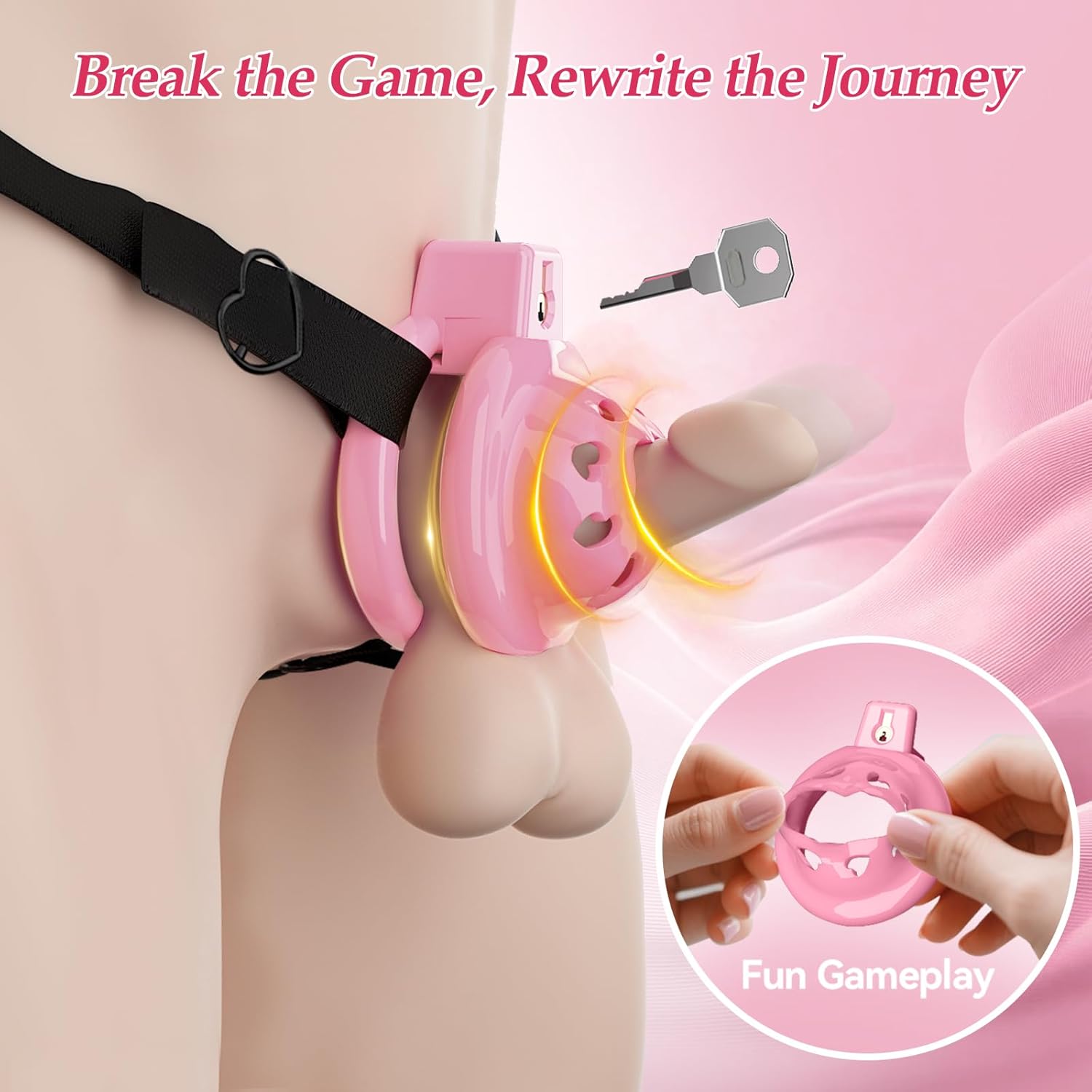 Lovely Pink Male Chastity Cage, Lightweight Chastity Devices with Soft Silicone Head 6 Cock Rings, Penis Bondage Gear Cock Cage Adult Toys with Invisible Lock, Male Chastity Belt BDSM Sex Toys for Men