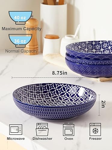 Miniatura 2 de Tazones de cerámica para pasta, 40 onzas, cuencos grandes de ensalada, 8.75 pulgadas, juego de cuencos azules y blancos para pasta, ensalada, sopa,