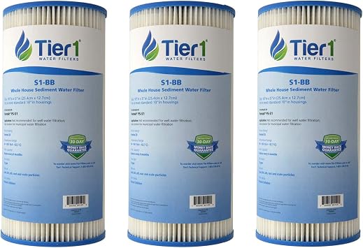 Tier1 20 Micron 10 x 4.5 Water Filter | Resin Impregnated Pleated Cellulose Whole House Sediment Filter Cartridge | Replacement for Pentek S1-BB, W20CLHD | 4.5 x 10 Home Water Filter 3-Pack