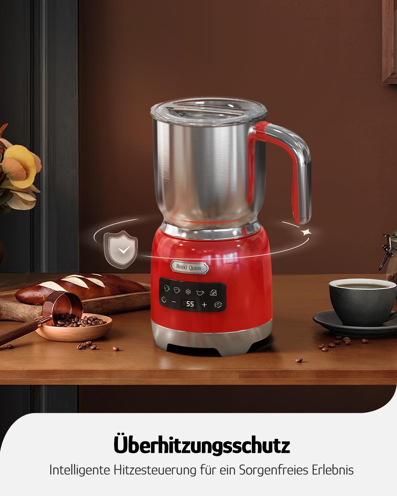 Hazel Quinn Elektrischer Retro-Milchaufschäumer, 5-in-1, Warm & Kalt, Rot