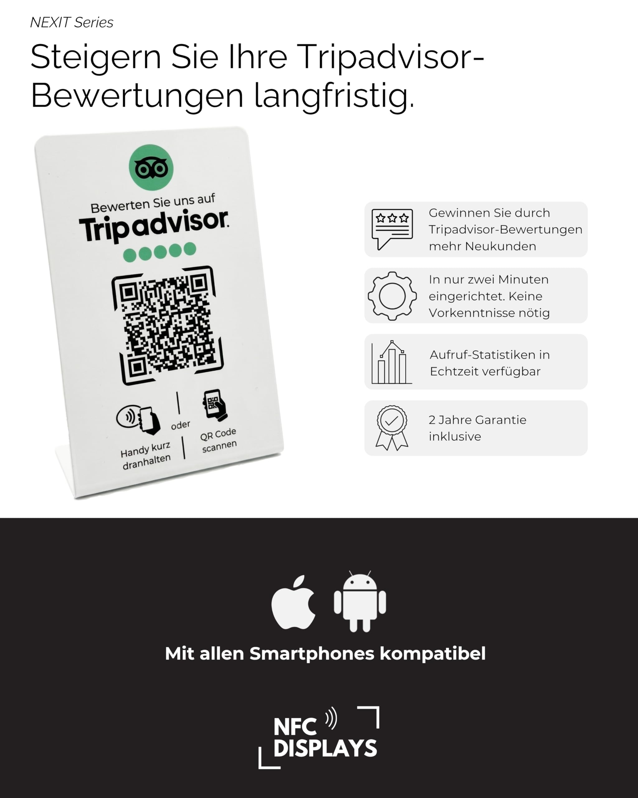 Aufsteller/Schild für Tripadvisor Bewertungen mit QR-Code und NFC (16,5 x 10,5 cm) - Deutsch