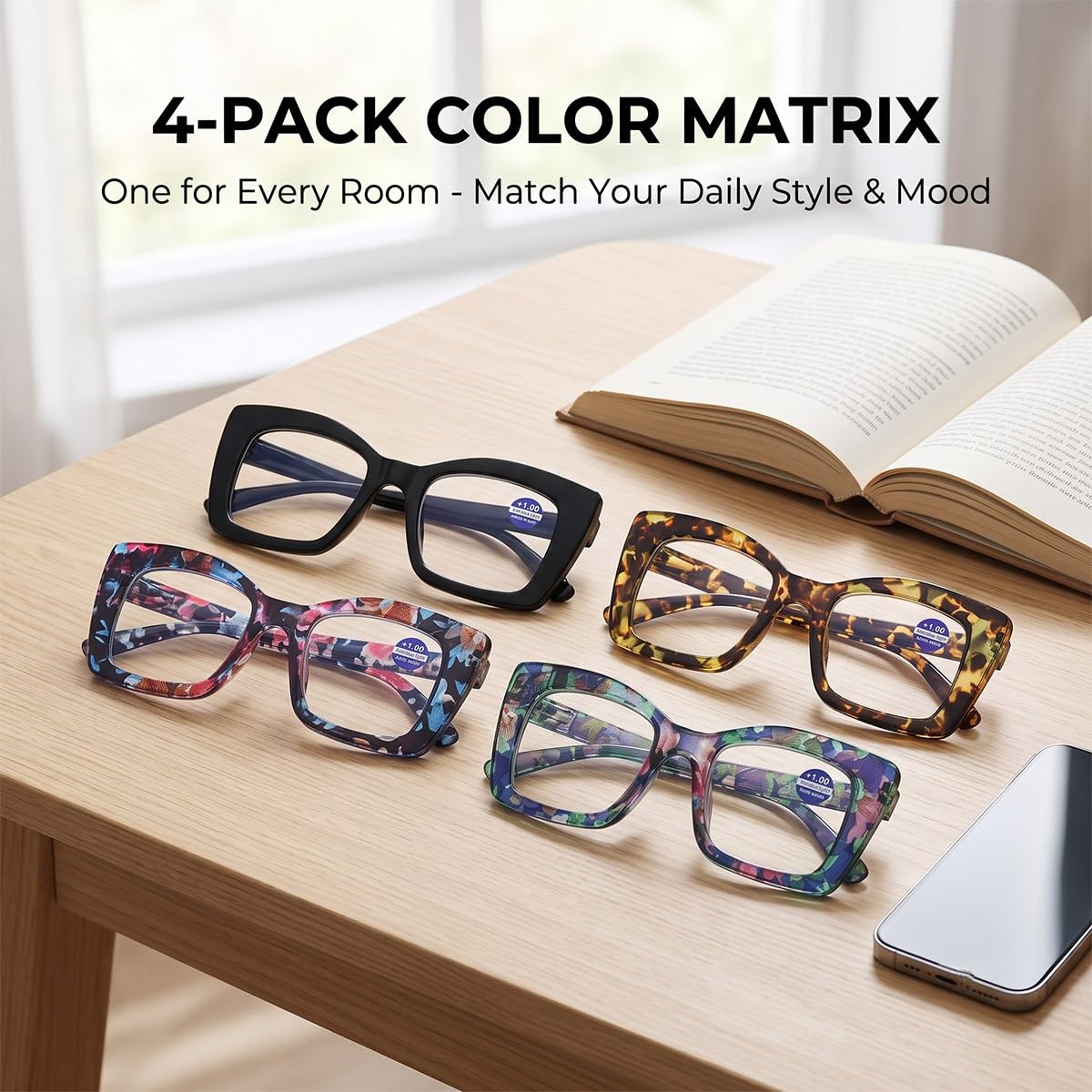 Gafas de Lectura Cuadradas Retro, Lentes para Vista Cansada Anti Luz Azul