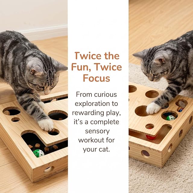 Foto 6 de 8 de Juguetes para Gatos, Caja De Entretenimiento con Lima De Uñas, Laberinto De Madera Maciza con 3 Bolas