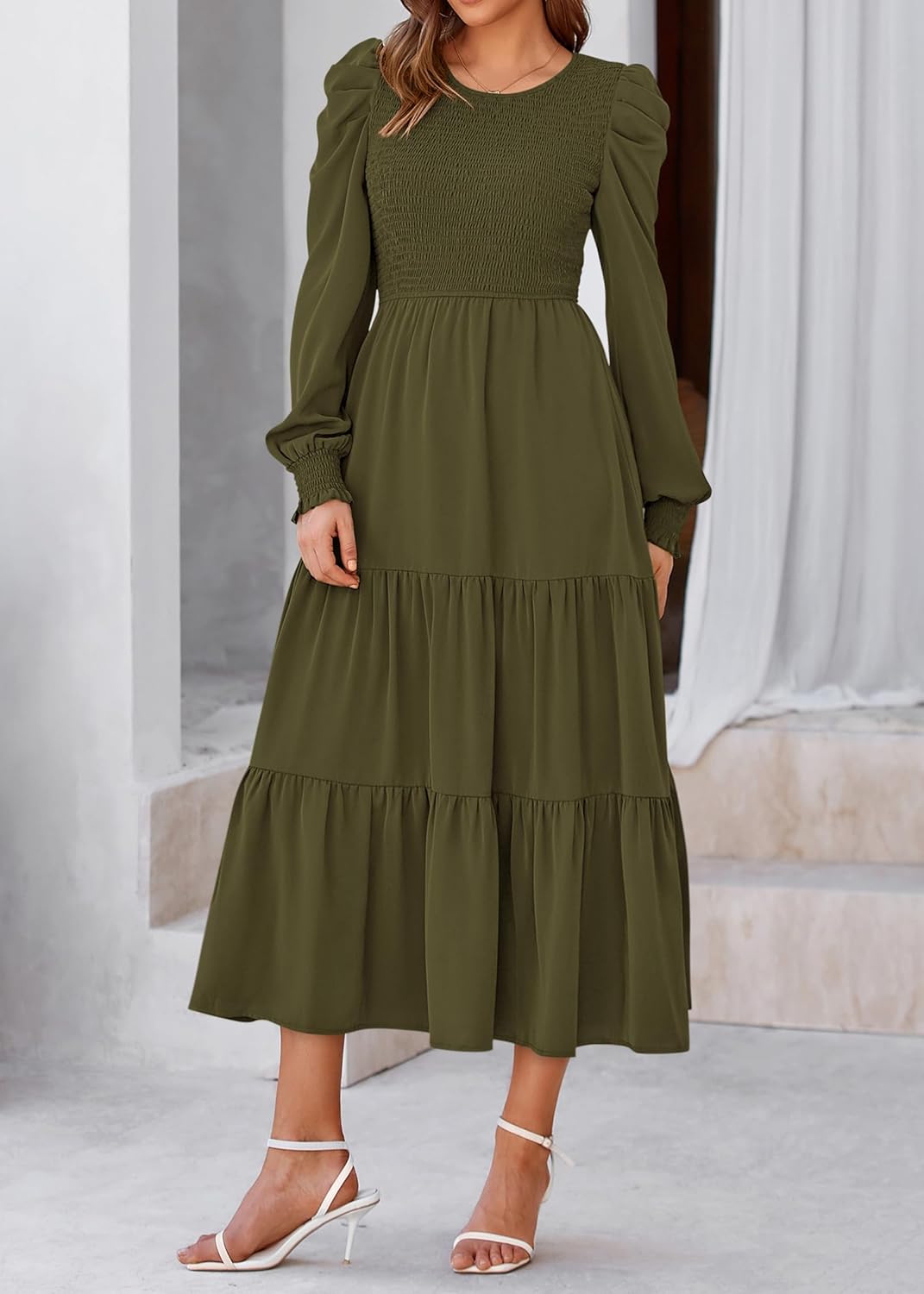 KIRUNDO Spring Dresses for Women 2026 Long Sleeve Maxi Wedding Guest Smocked Crew Neck Empire Waist A Line Flowy Long Dress - Image 3