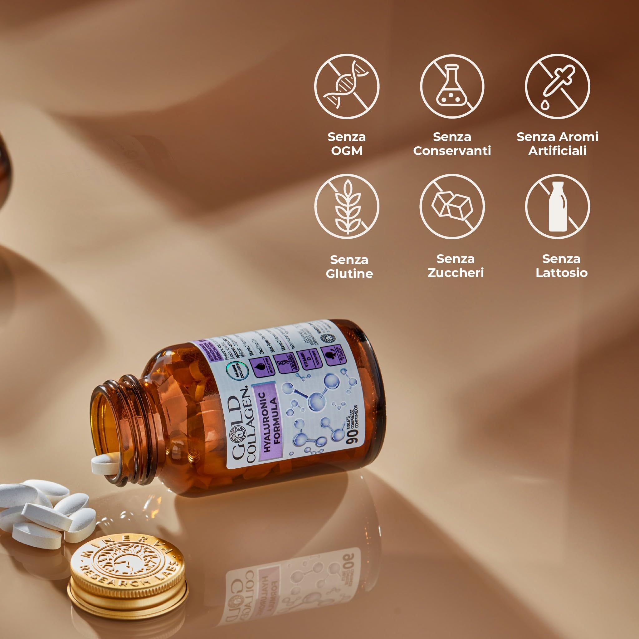 GOLD COLLAGEN Hyaluronic Formula - Collagene Marino con Acido Ialuronico, Vitamina C e D, Zinco, Integratori per Capelli Pelle, Unghie e Articolazioni - 90 Compresse