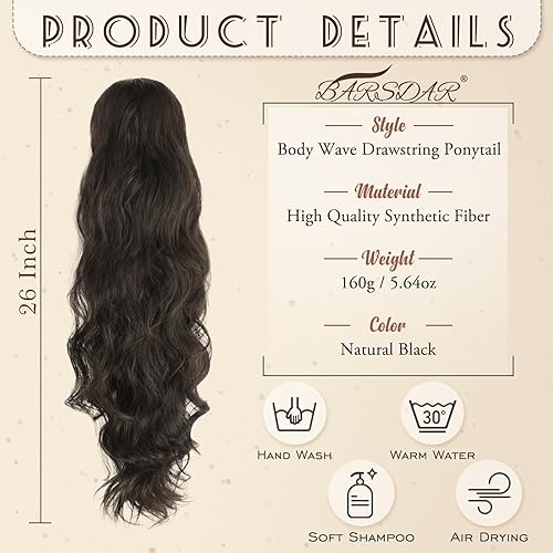 Miniatura 2 de BARSDAR Extensión de cola de caballo con cordón, 26 pulgadas, extensiones de cabello sintético con clip de cola de caballo para mujeres, niñas,