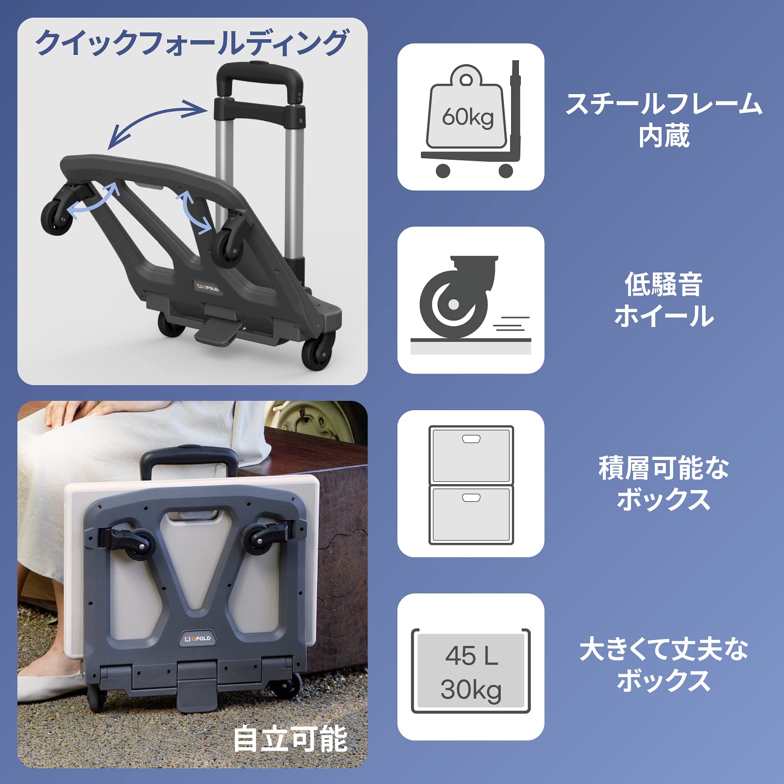 Amazon.co.jp: QFOLD 折りたたみ式 キャリーカート 取り外し・折り畳み