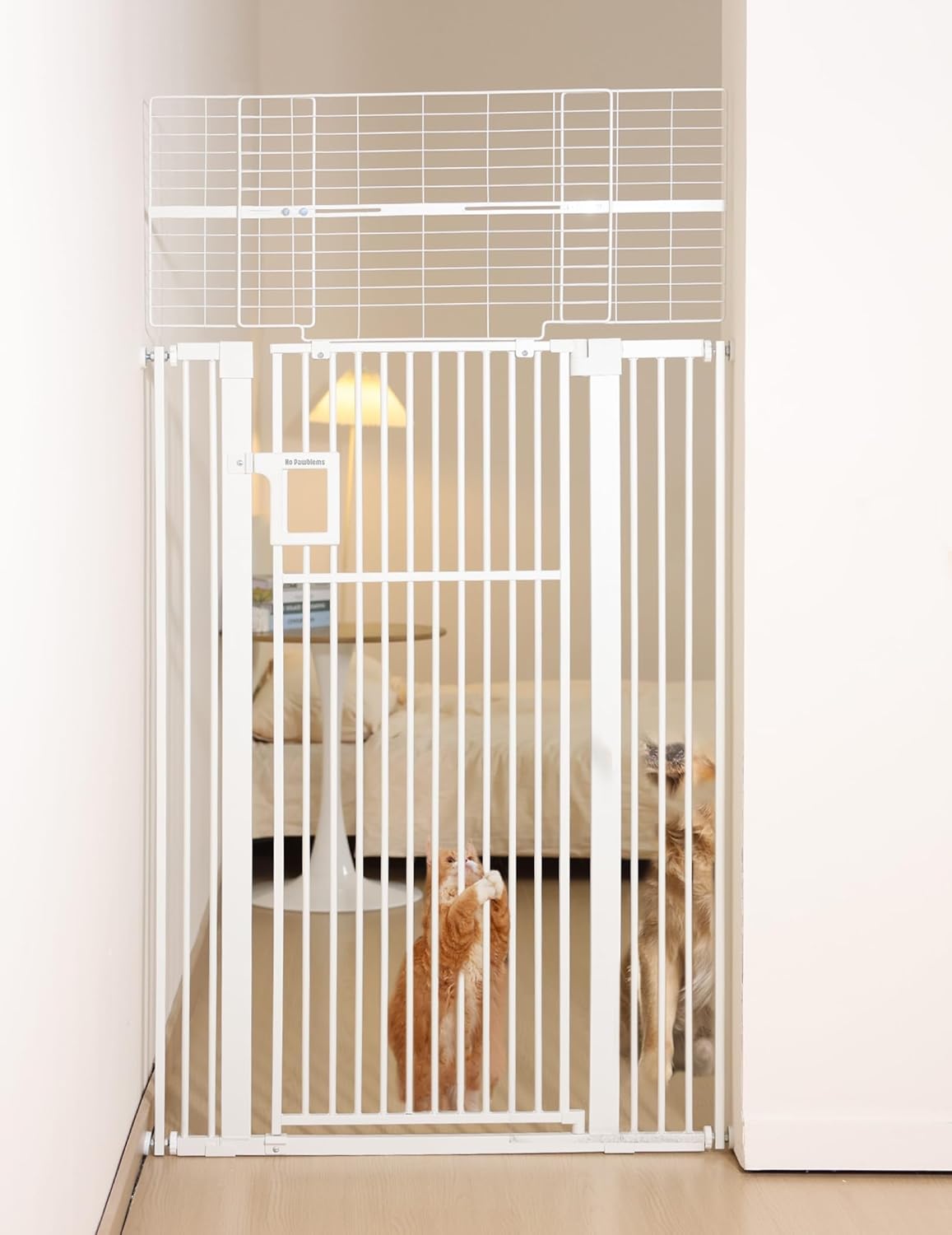 No Pawblems Upgraded 71" Extra Tall Pet Gate for Cat, 29-43" Auto Close Cat Gate for Doorways/Stairs/Hallways, NO Drilling Pressure Mounted Tall Dog Gate Indoor, 1.37" Pet-Safe Gap, White